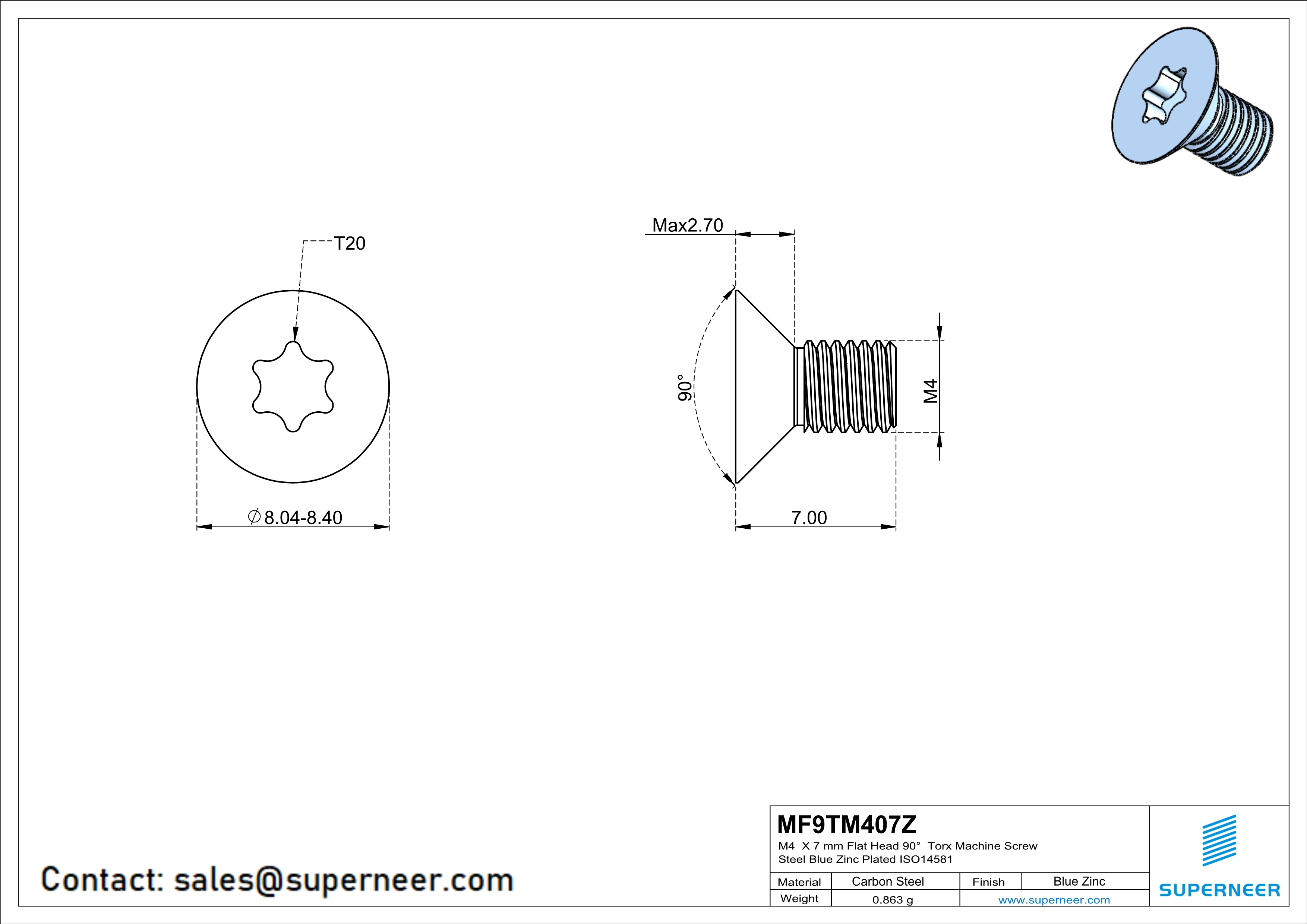 M4 x 7 mm Flat Head 90° Torx Machine Screw Steel Blue Zinc Plated ISO14581