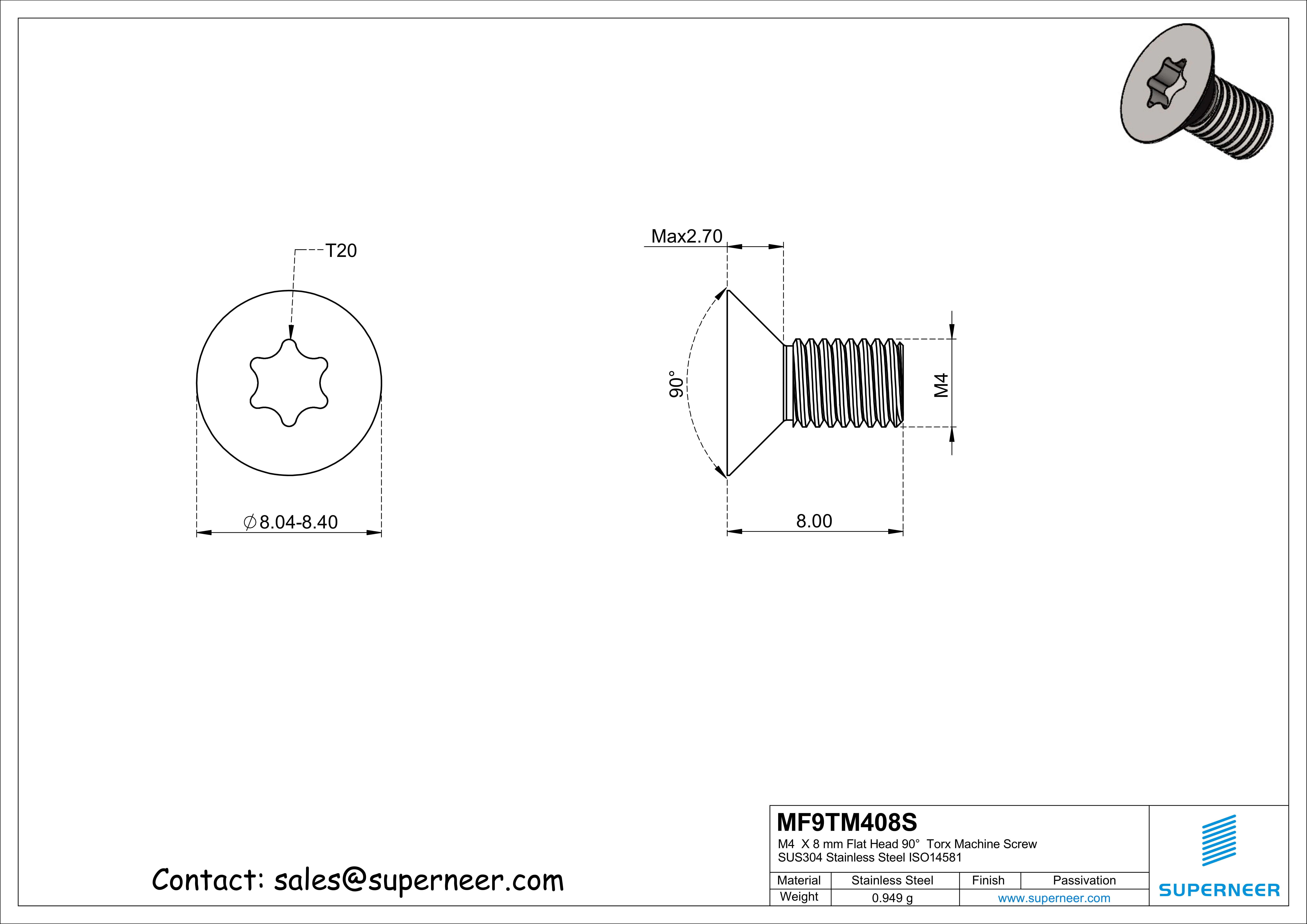 M4  x 8 mm Flat Head 90°  Torx Machine Screw SUS304 Stainless Steel Inox ISO14581