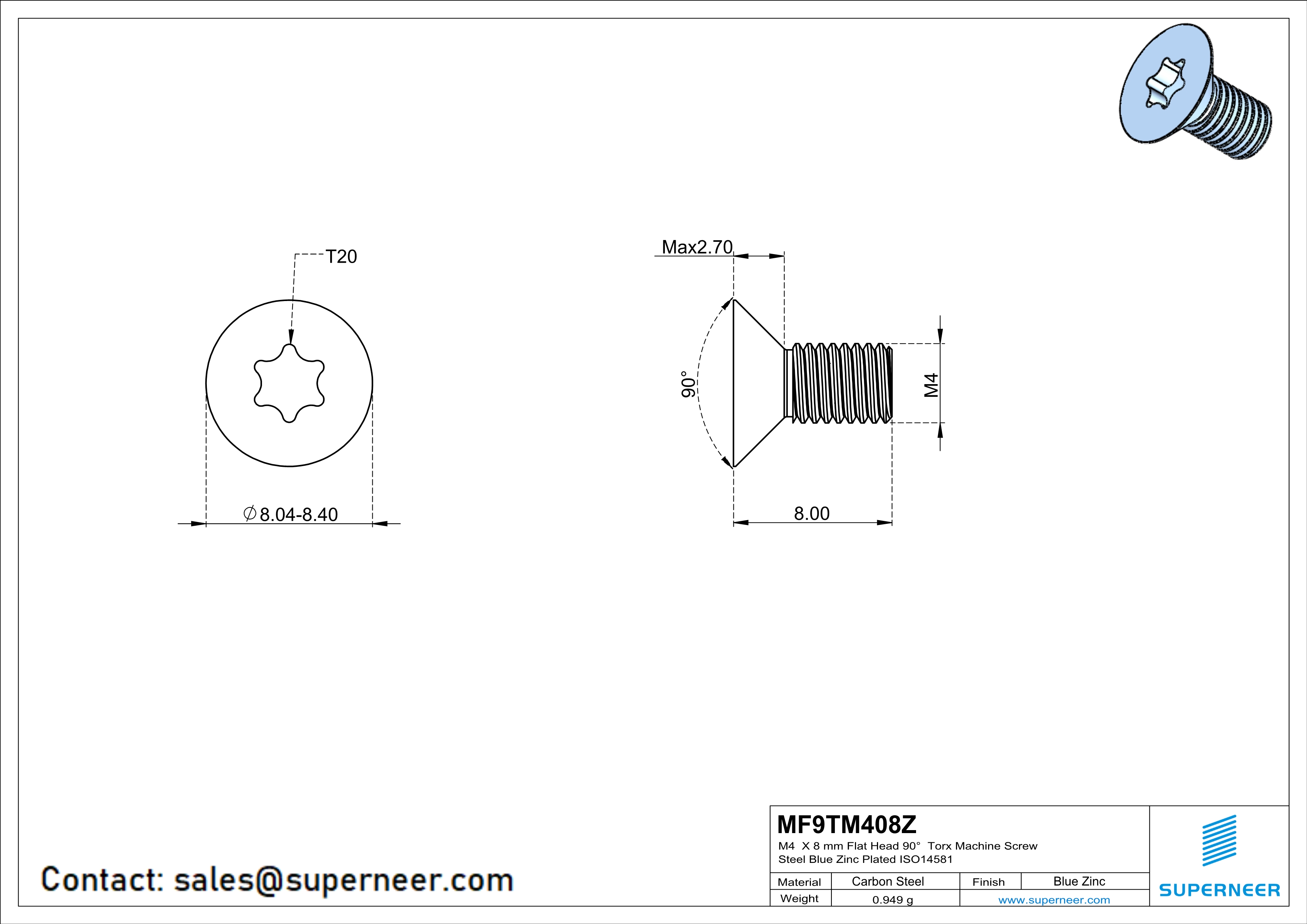 M4 x 8 mm Flat Head 90° Torx Machine Screw Steel Blue Zinc Plated ISO14581