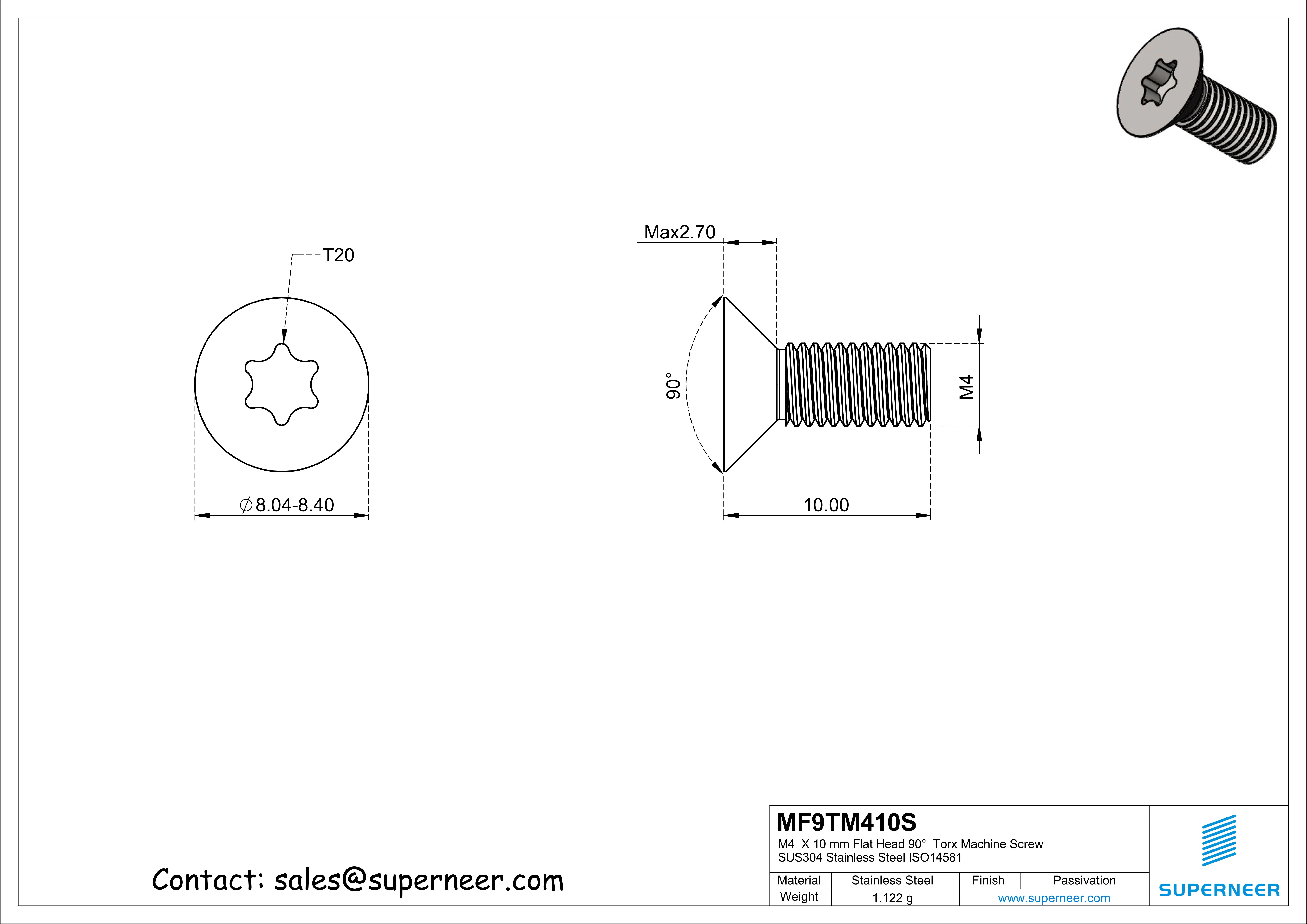 M4  x 10 mm Flat Head 90°  Torx Machine Screw SUS304 Stainless Steel Inox ISO14581