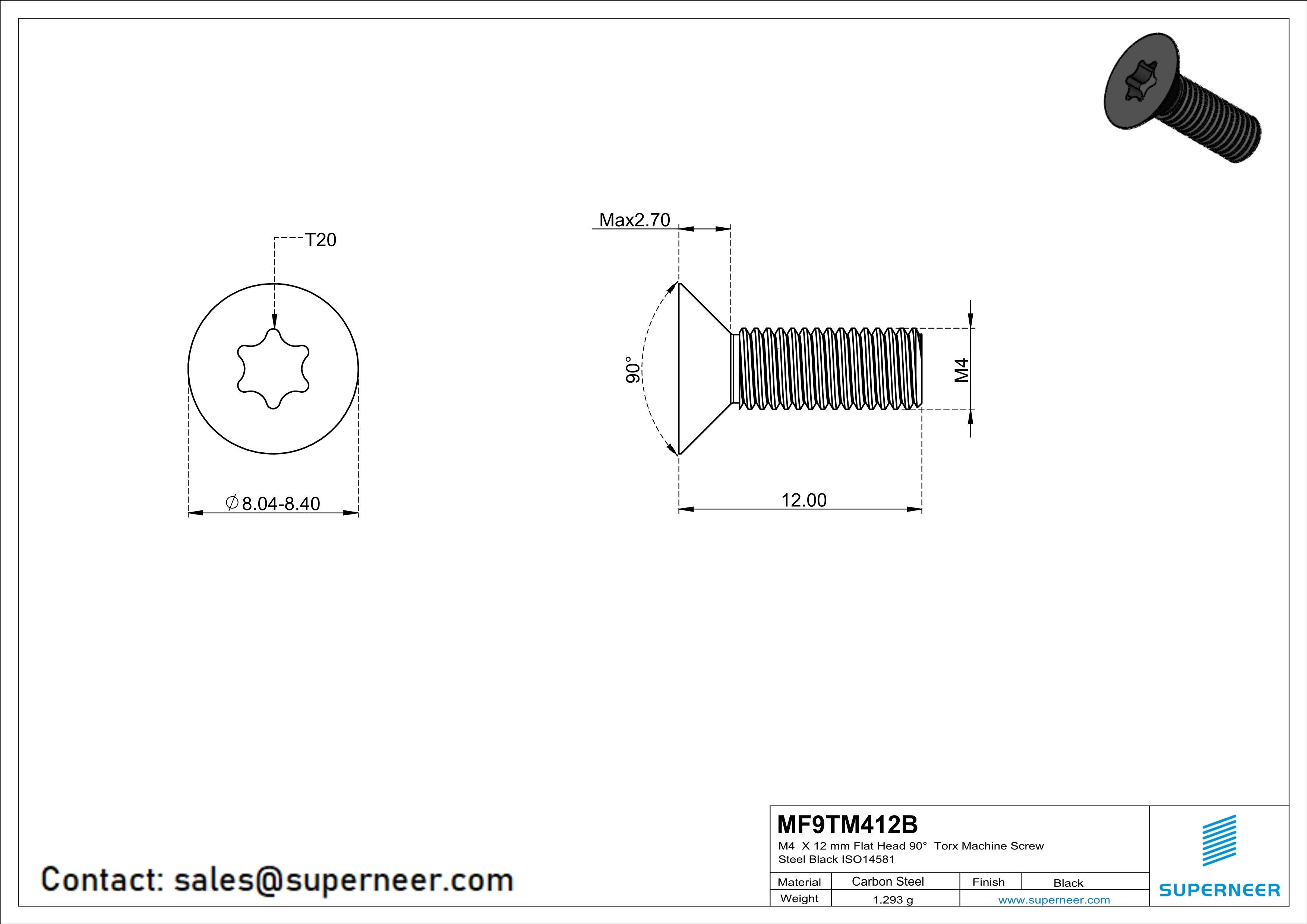 M4 x 12 mm Flat Head 90° Torx Machine Screw Steel Black ISO14581