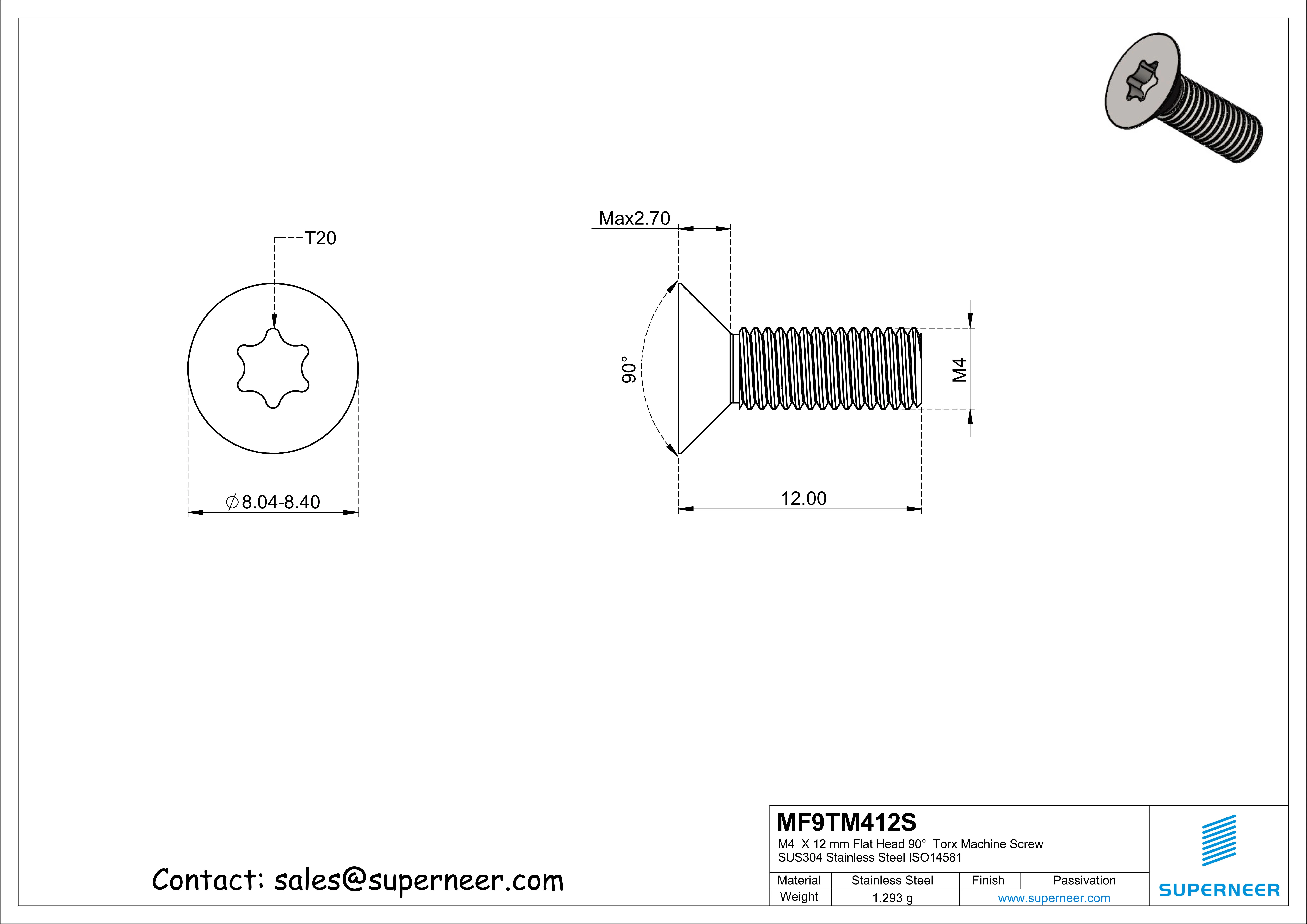 M4  x 12 mm Flat Head 90°  Torx Machine Screw SUS304 Stainless Steel Inox ISO14581