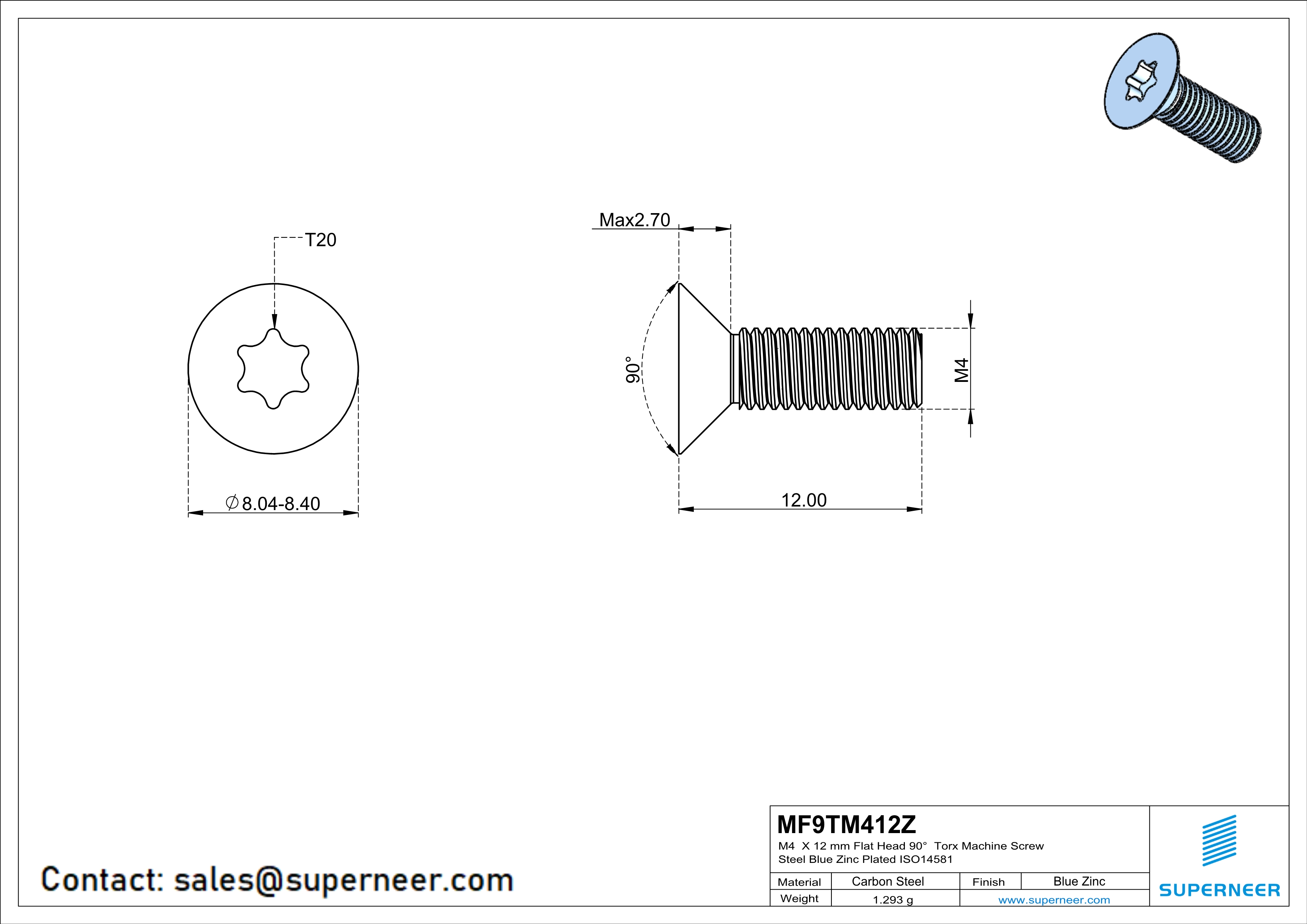 M4 x 12 mm Flat Head 90° Torx Machine Screw Steel Blue Zinc Plated ISO14581