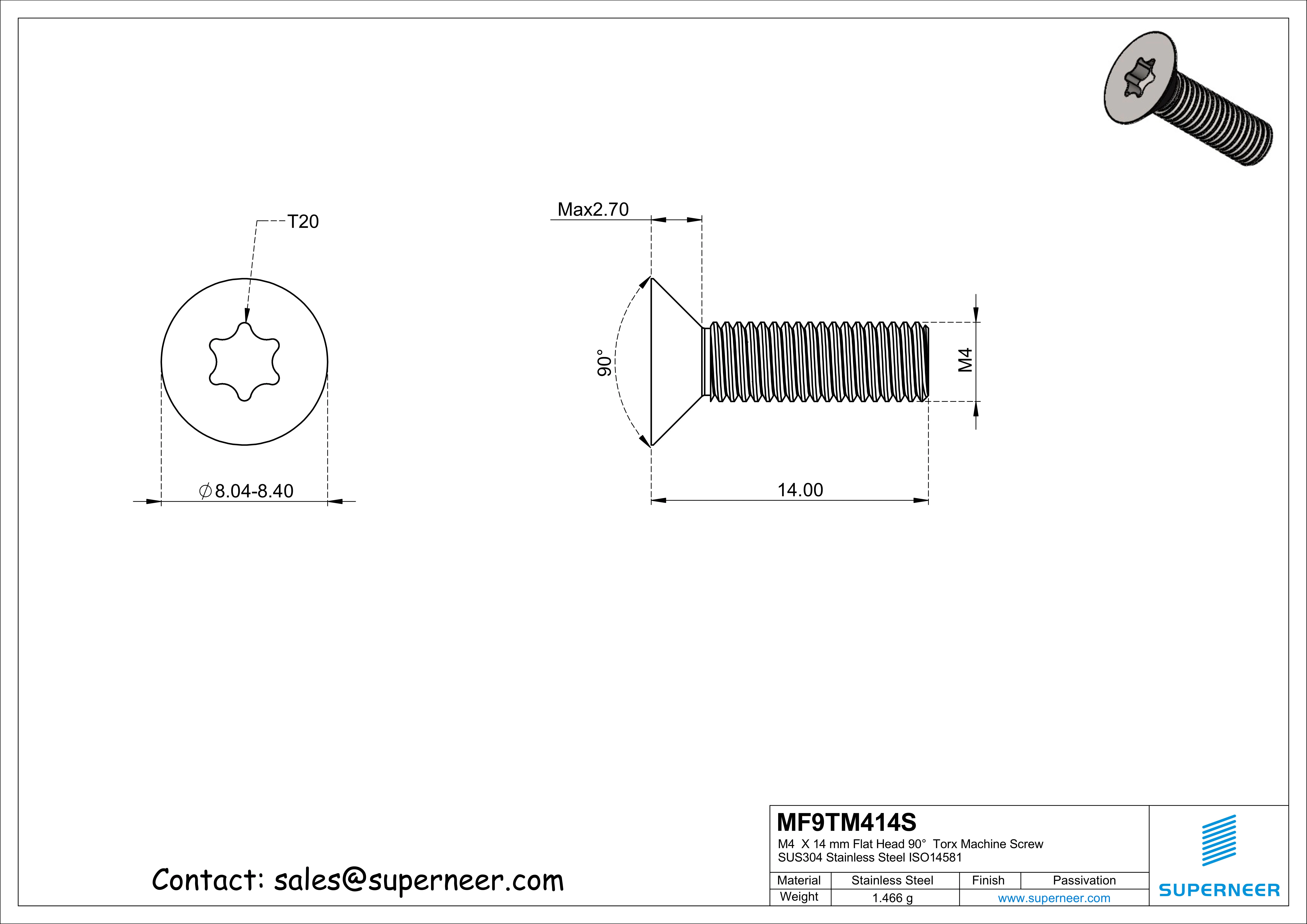 M4 x 14 mm Flat Head 90°  Torx Machine Screw SUS304 Stainless Steel Inox ISO14581