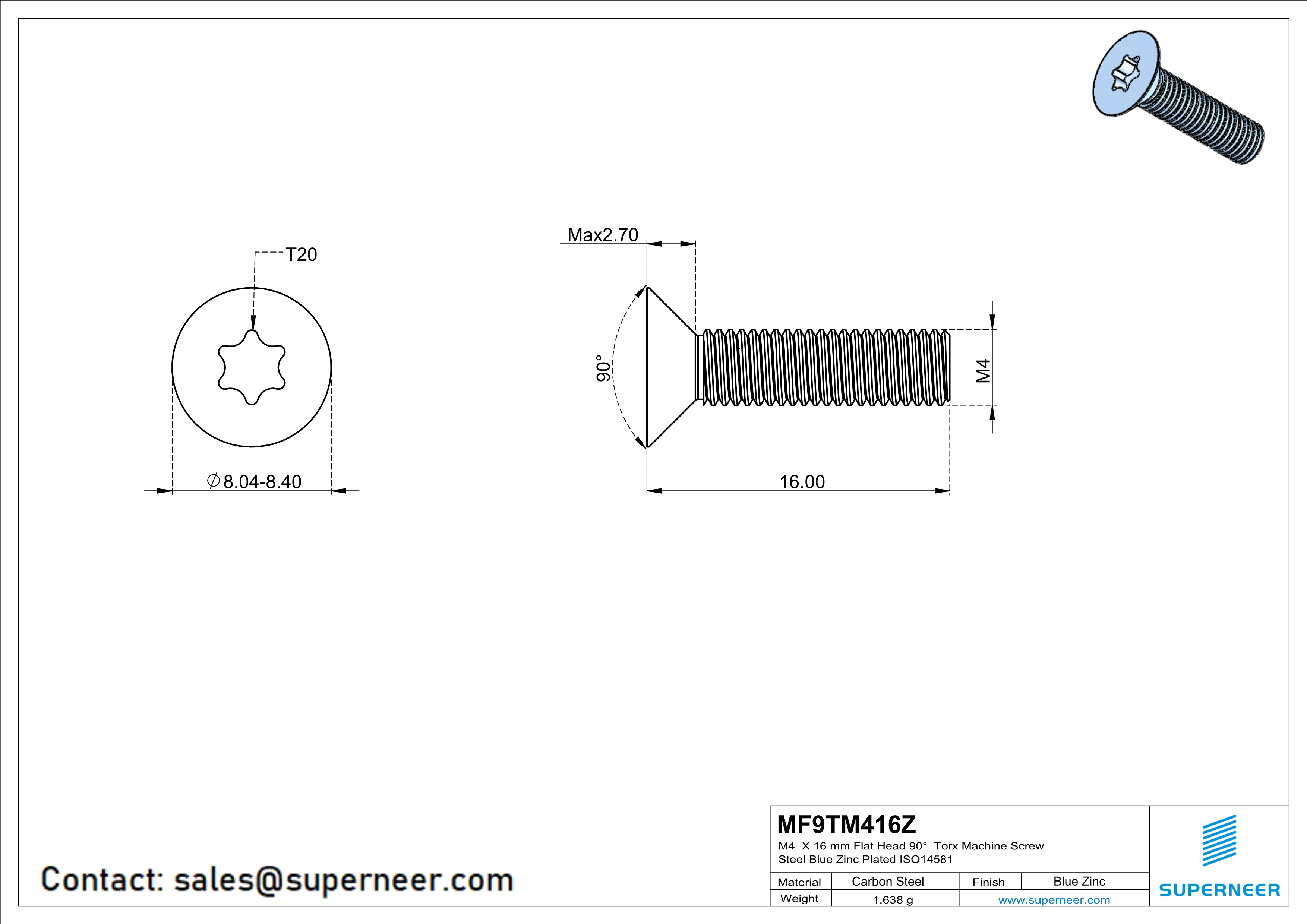 M4 x 16 mm Flat Head 90° Torx Machine Screw Steel Blue Zinc Plated ISO14581