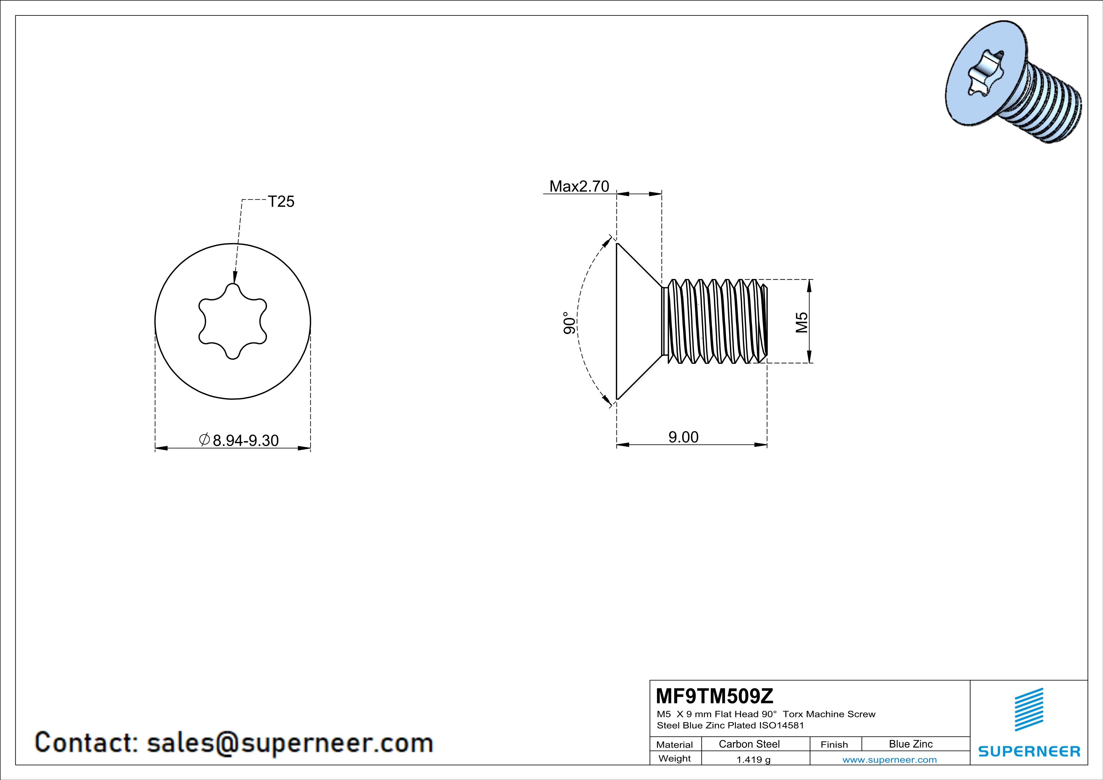 M5 x 9 mm Flat Head 90° Torx Machine Screw Steel Blue Zinc Plated ISO14581