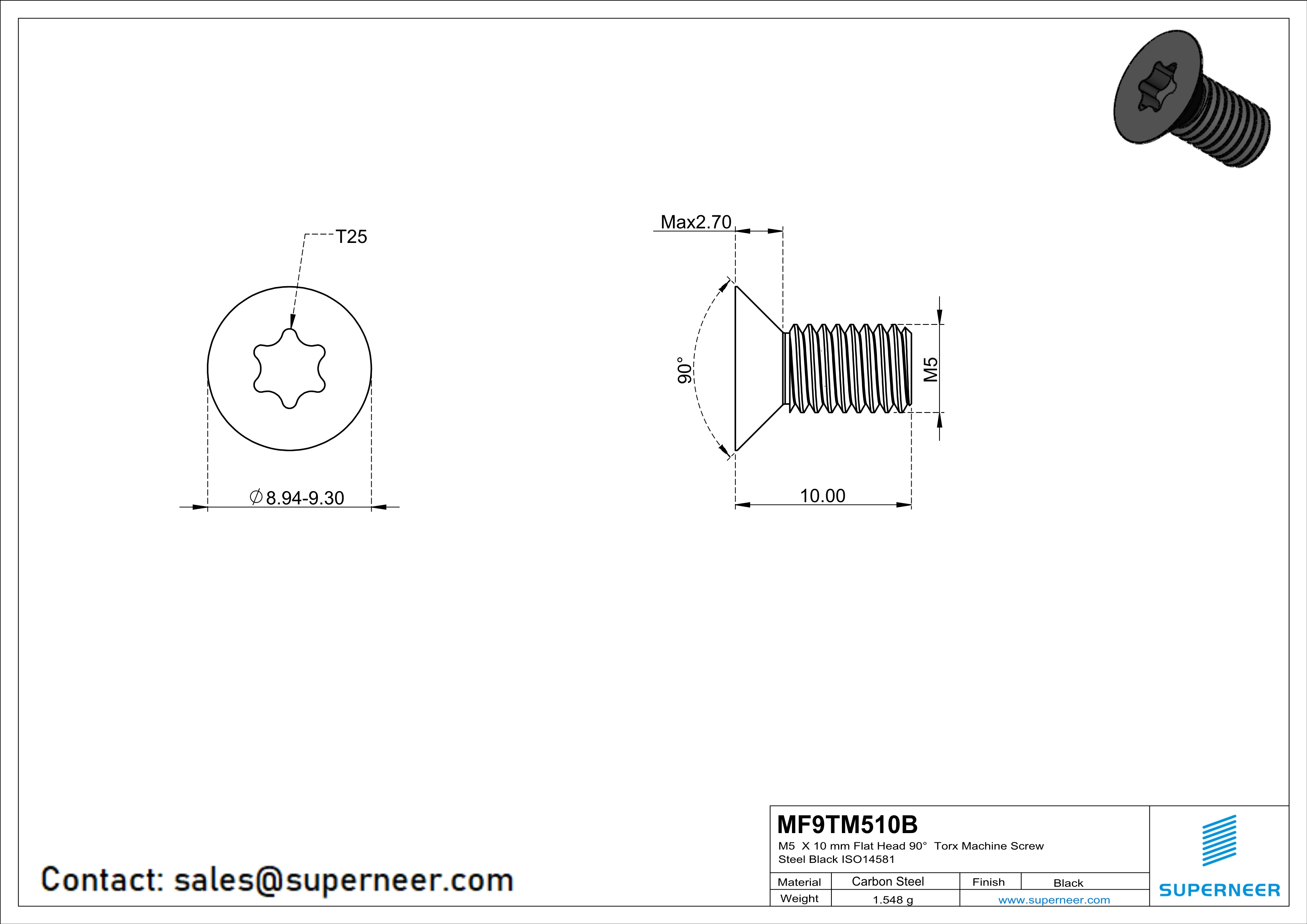 M5 x 10 mm Flat Head 90° Torx Machine Screw Steel Black ISO14581