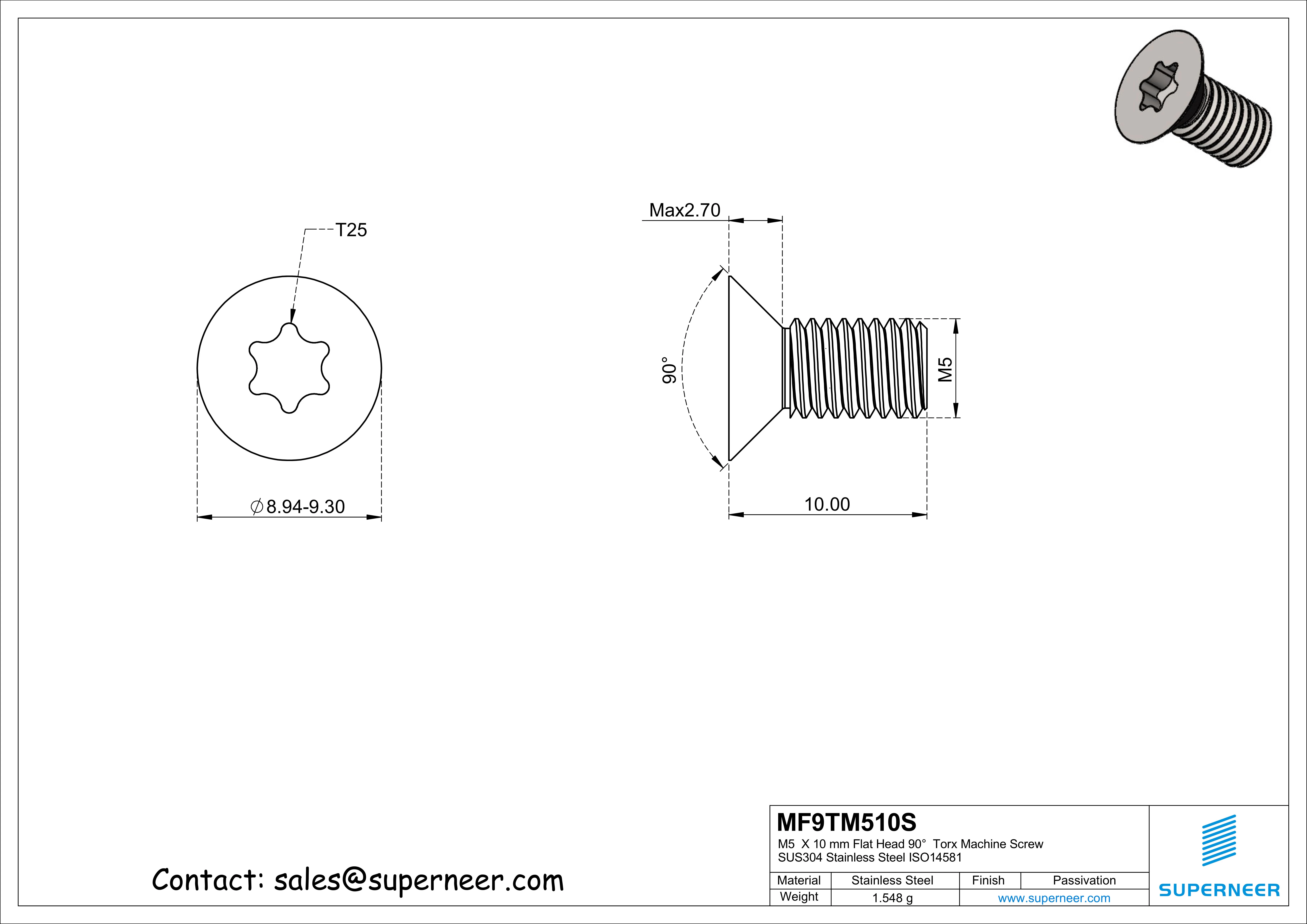 M5  x 10 mm Flat Head 90°  Torx Machine Screw SUS304 Stainless Steel Inox ISO14581