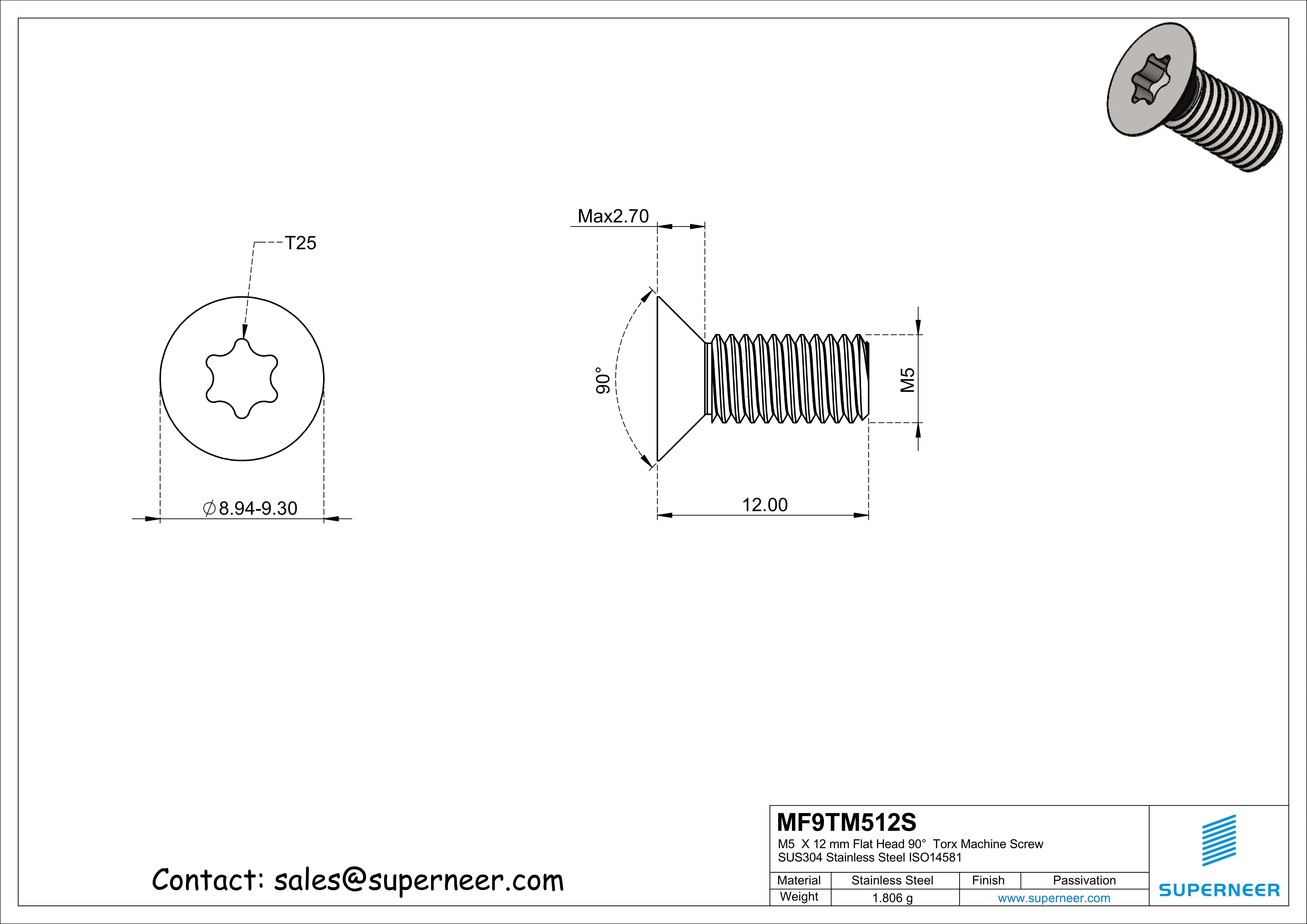 M5  x 12 mm Flat Head 90°  Torx Machine Screw SUS304 Stainless Steel Inox ISO14581