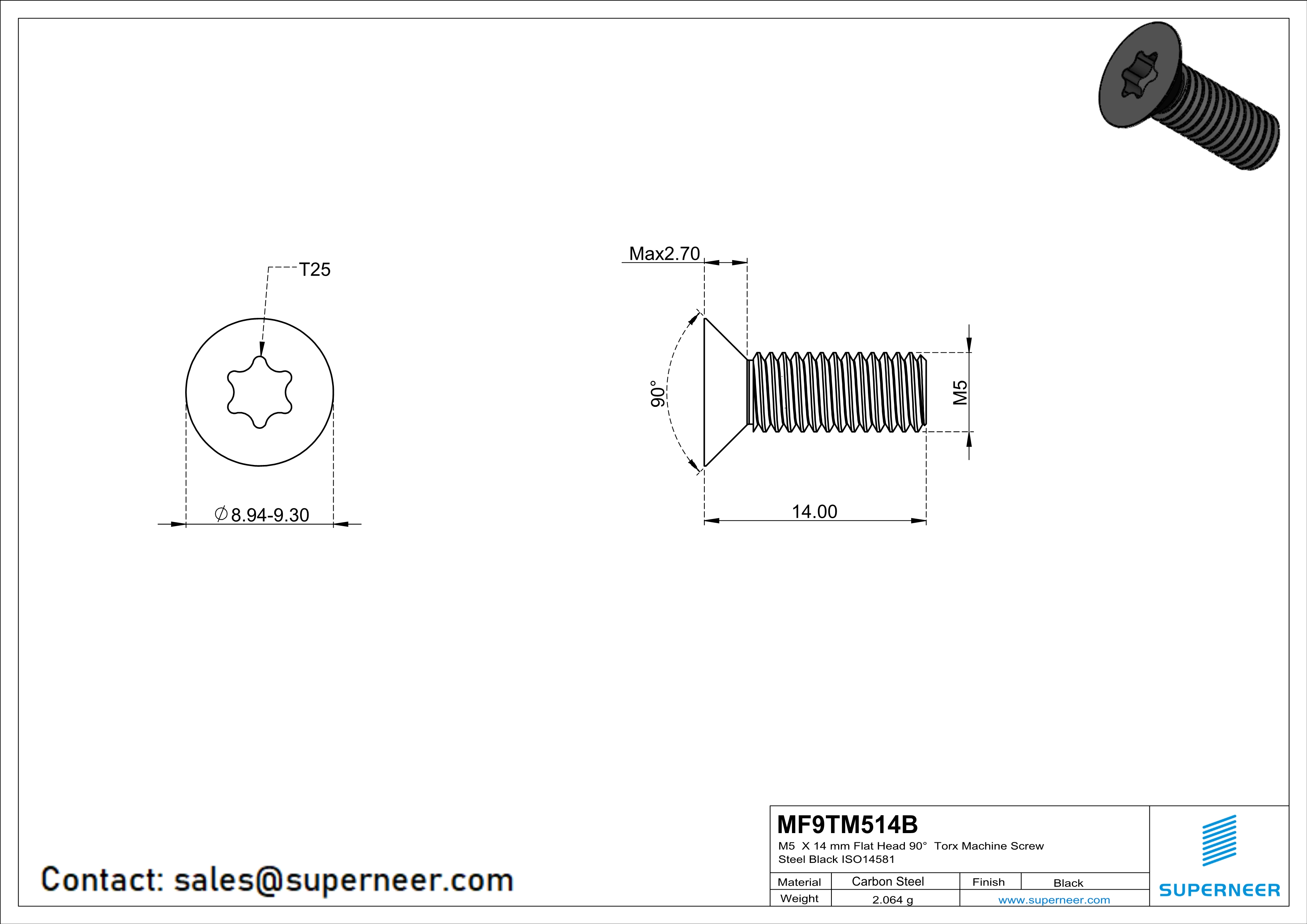 M5 x 14 mm Flat Head 90° Torx Machine Screw Steel Black ISO14581