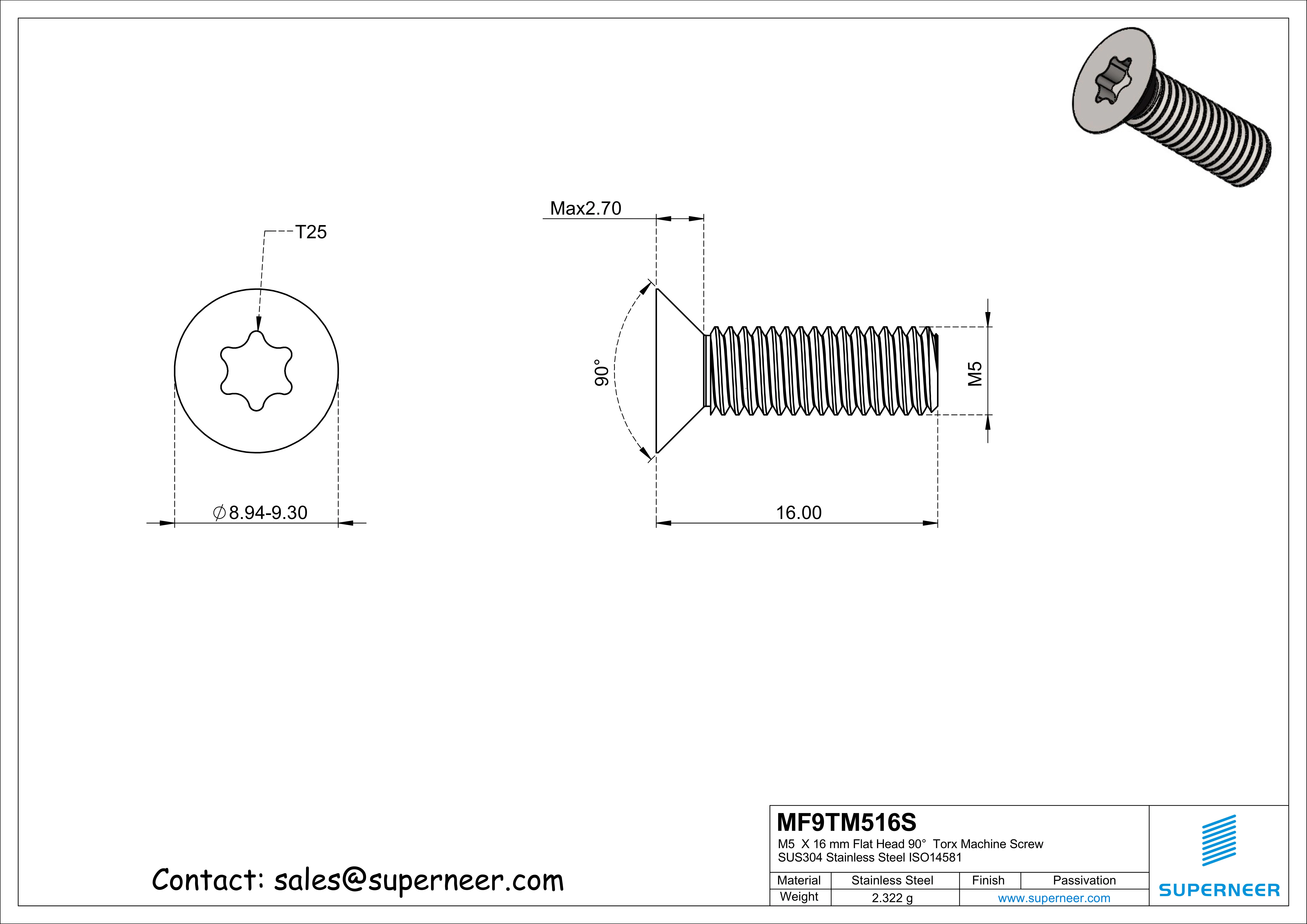 M5 x 16 mm Flat Head 90°  Torx Machine Screw SUS304 Stainless Steel Inox ISO14581