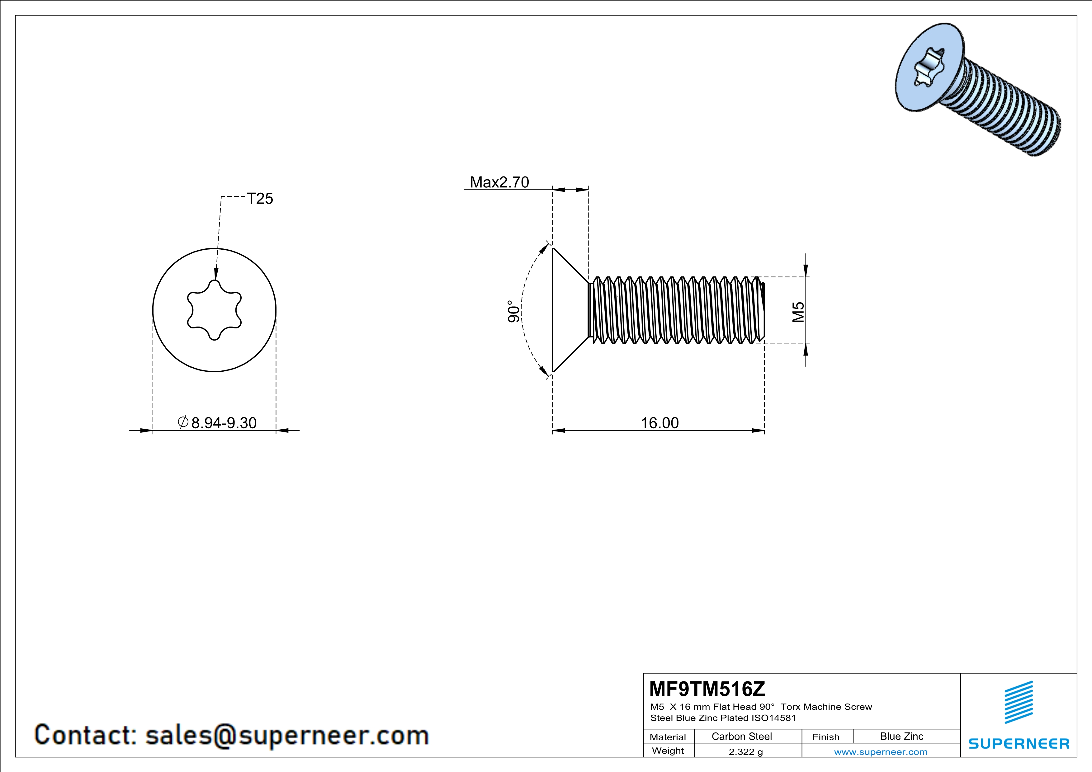 M5 x 16 mm Flat Head 90° Torx Machine Screw Steel Blue Zinc Plated ISO14581