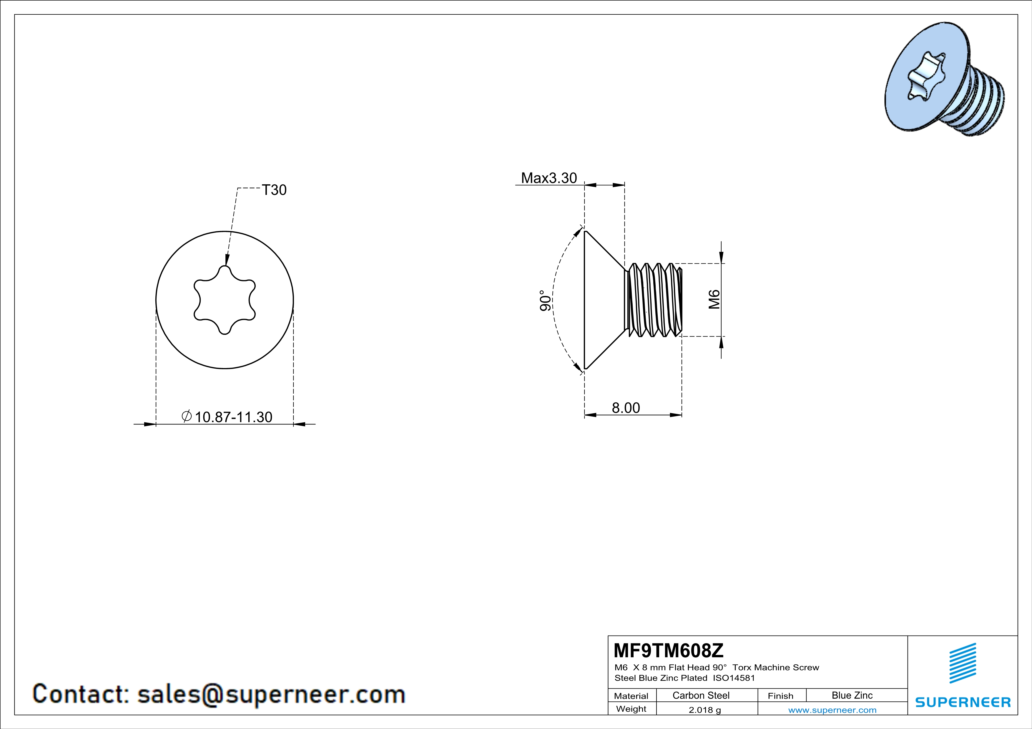 M6 x 8 mm Flat Head 90° Torx Machine Screw Steel Blue Zinc Plated ISO14581
