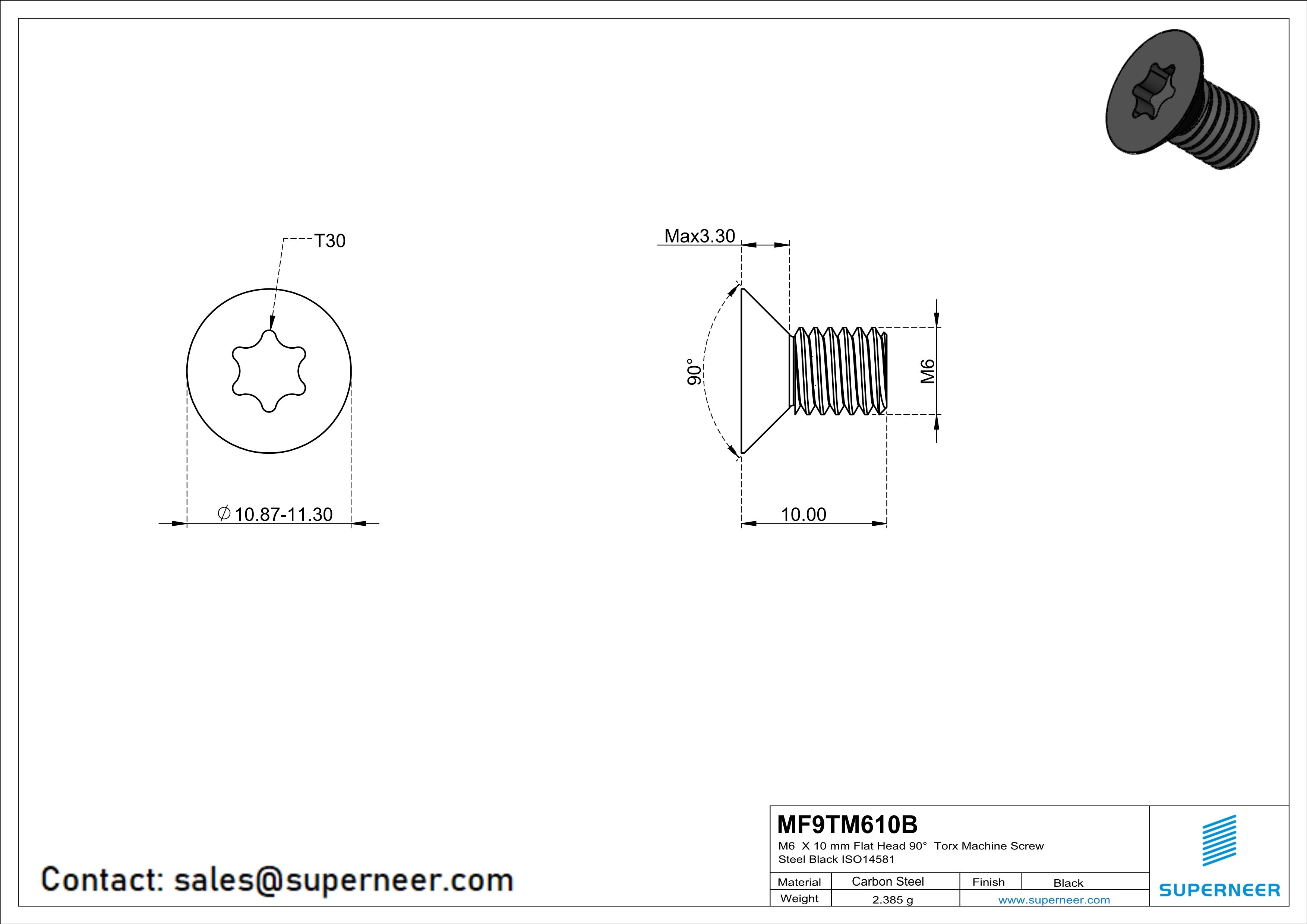 M6 x 10 mm Flat Head 90° Torx Machine Screw Steel Black ISO14581