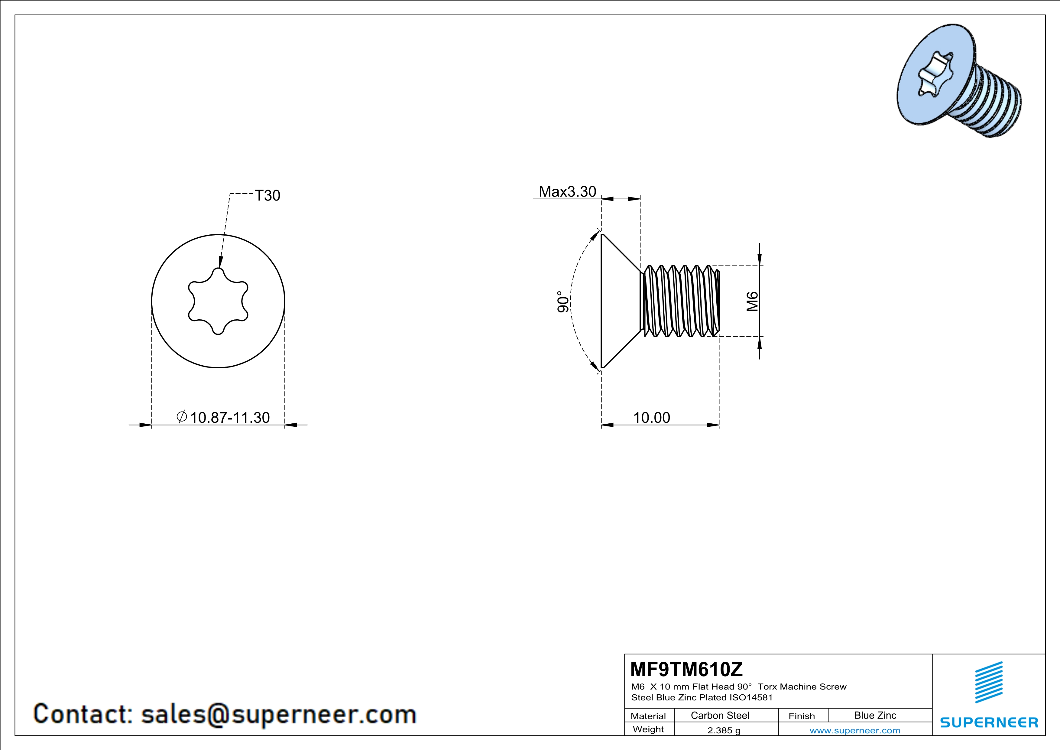 M6 x 10 mm Flat Head 90° Torx Machine Screw Steel Blue Zinc Plated ISO14581