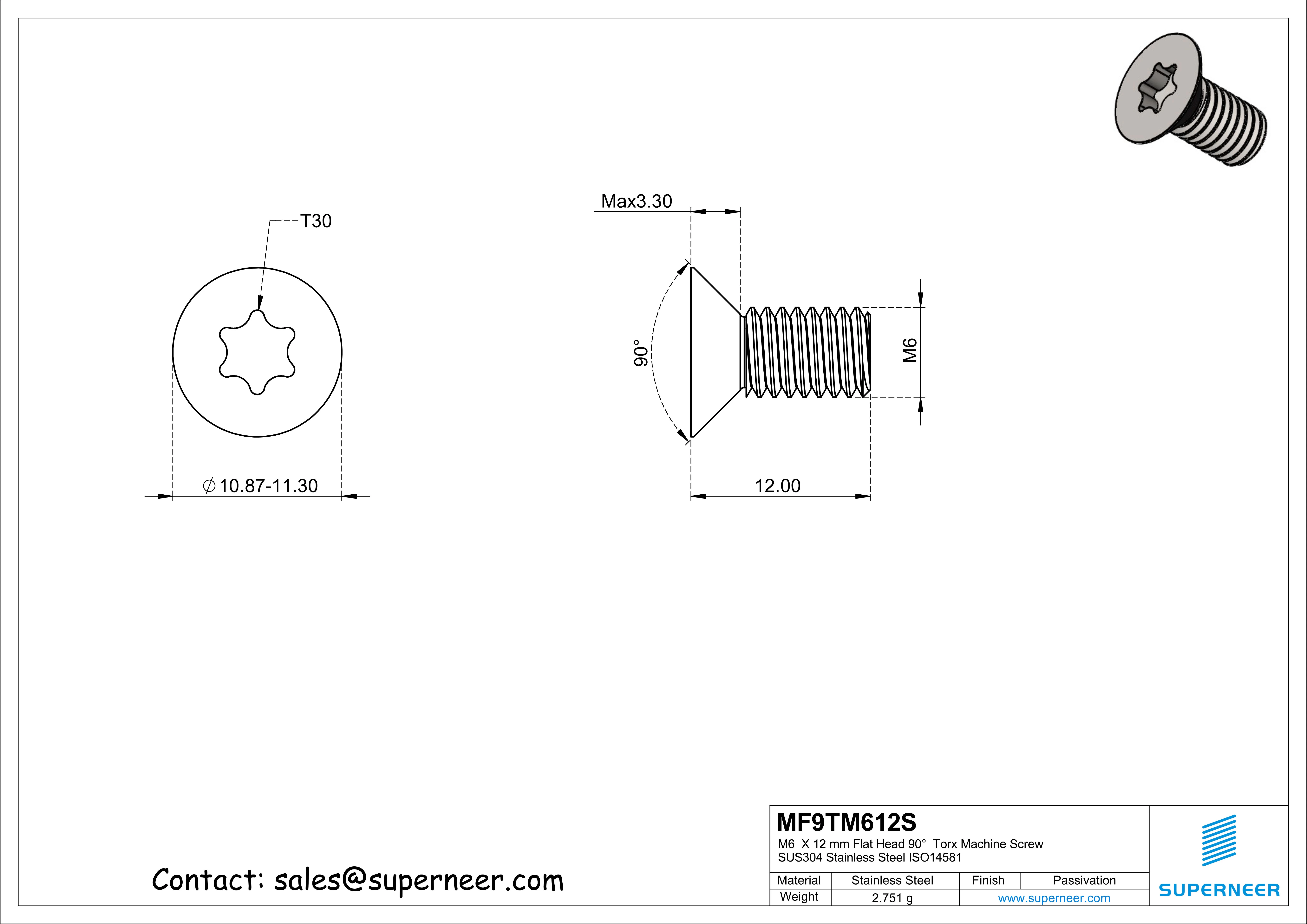 M6  x 12 mm Flat Head 90°  Torx Machine Screw SUS304 Stainless Steel Inox ISO14581