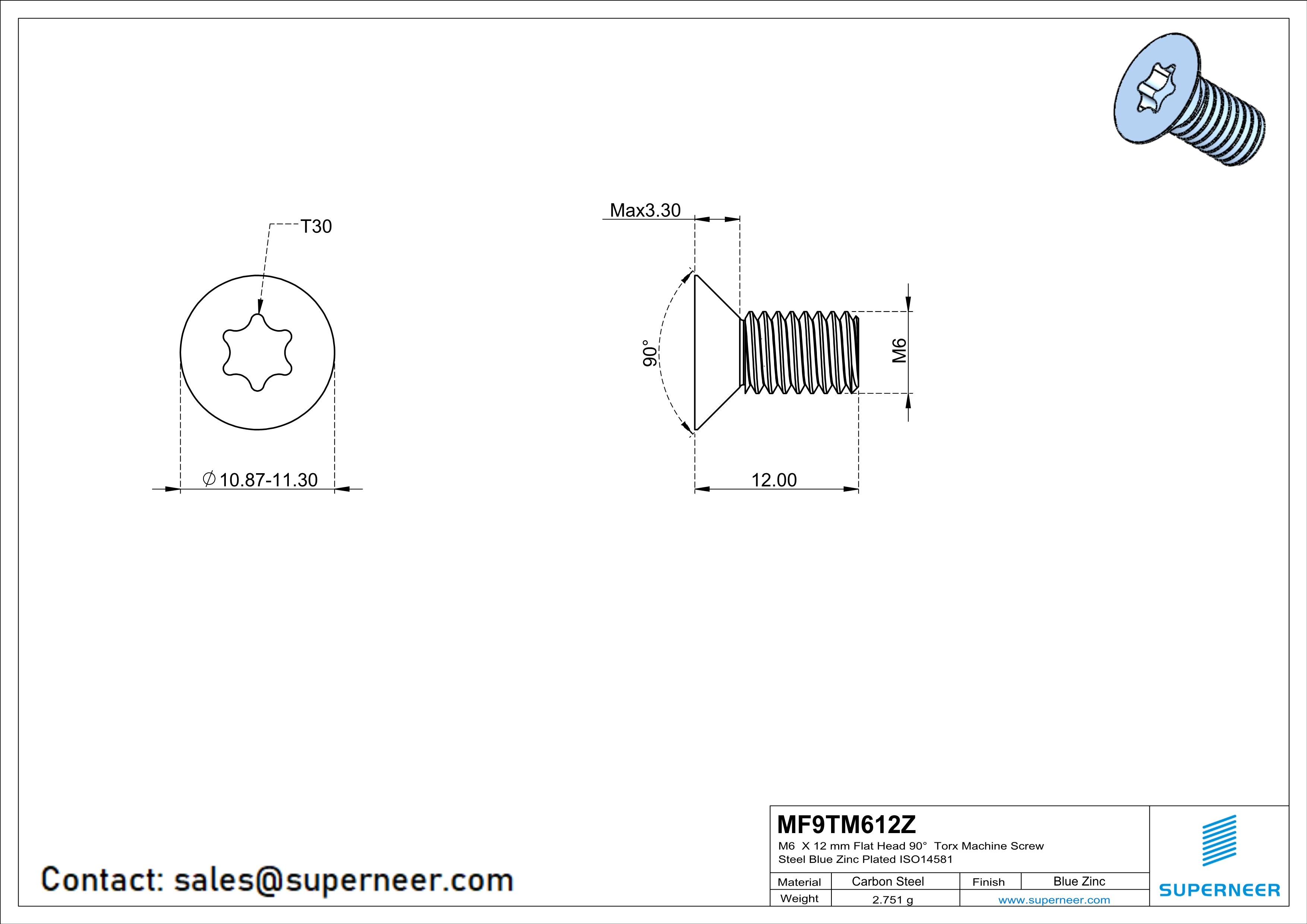 M6 x 12 mm Flat Head 90° Torx Machine Screw Steel Blue Zinc Plated ISO14581