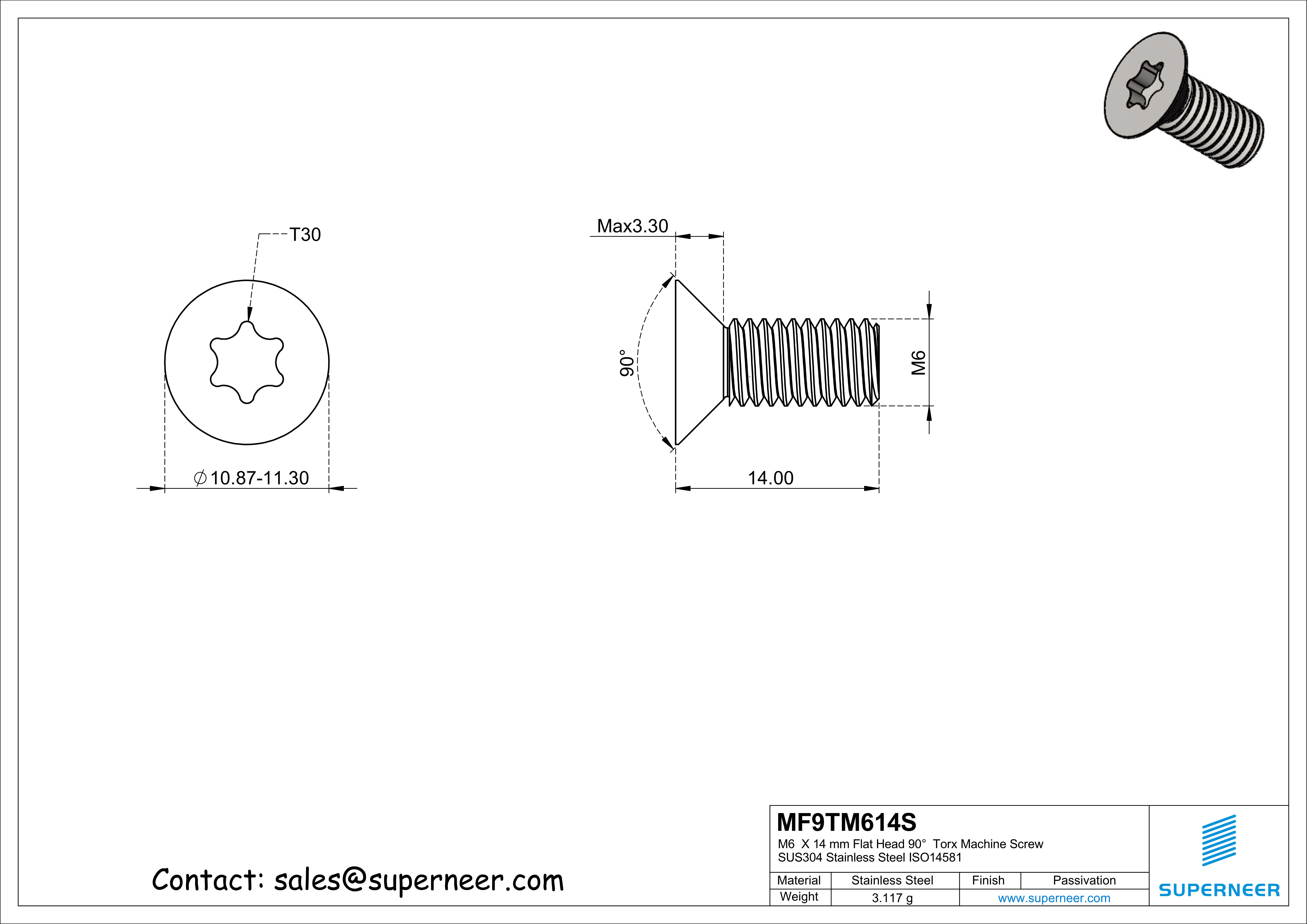 M6  x 14 mm Flat Head 90°  Torx Machine Screw SUS304 Stainless Steel Inox ISO14581