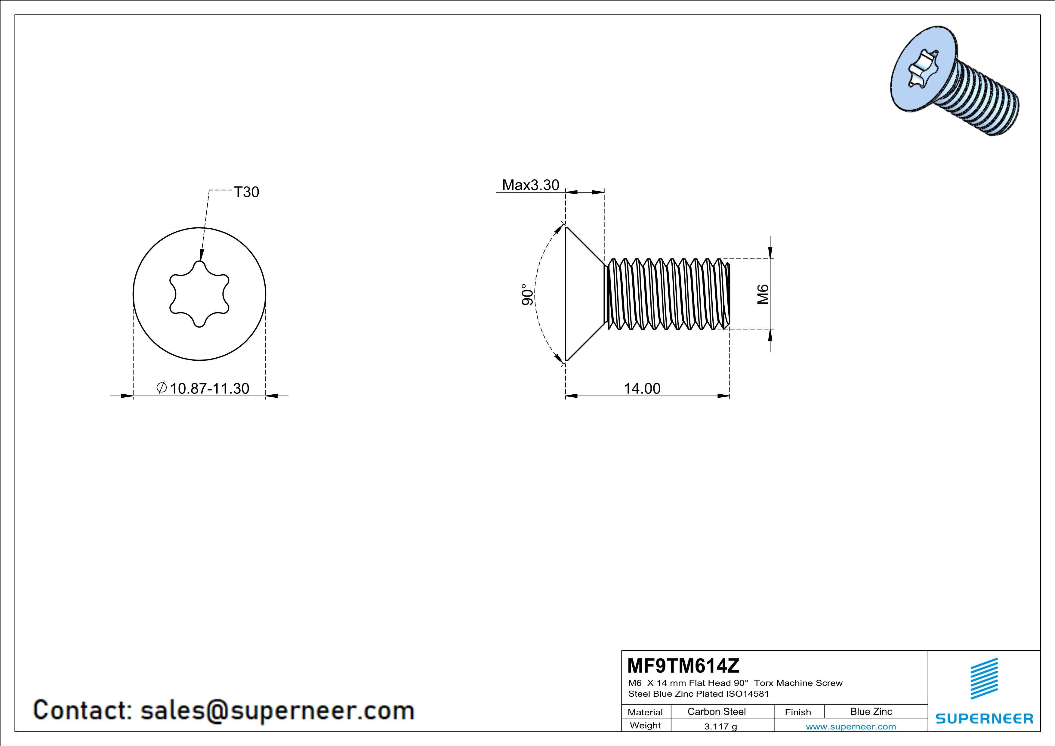 M6 x 14 mm Flat Head 90° Torx Machine Screw Steel Blue Zinc Plated ISO14581