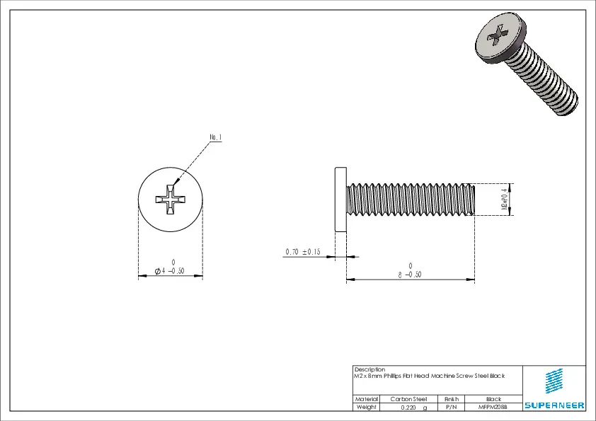 M2 x 8mm(4mm head diameter) Flat Head Cross Recess