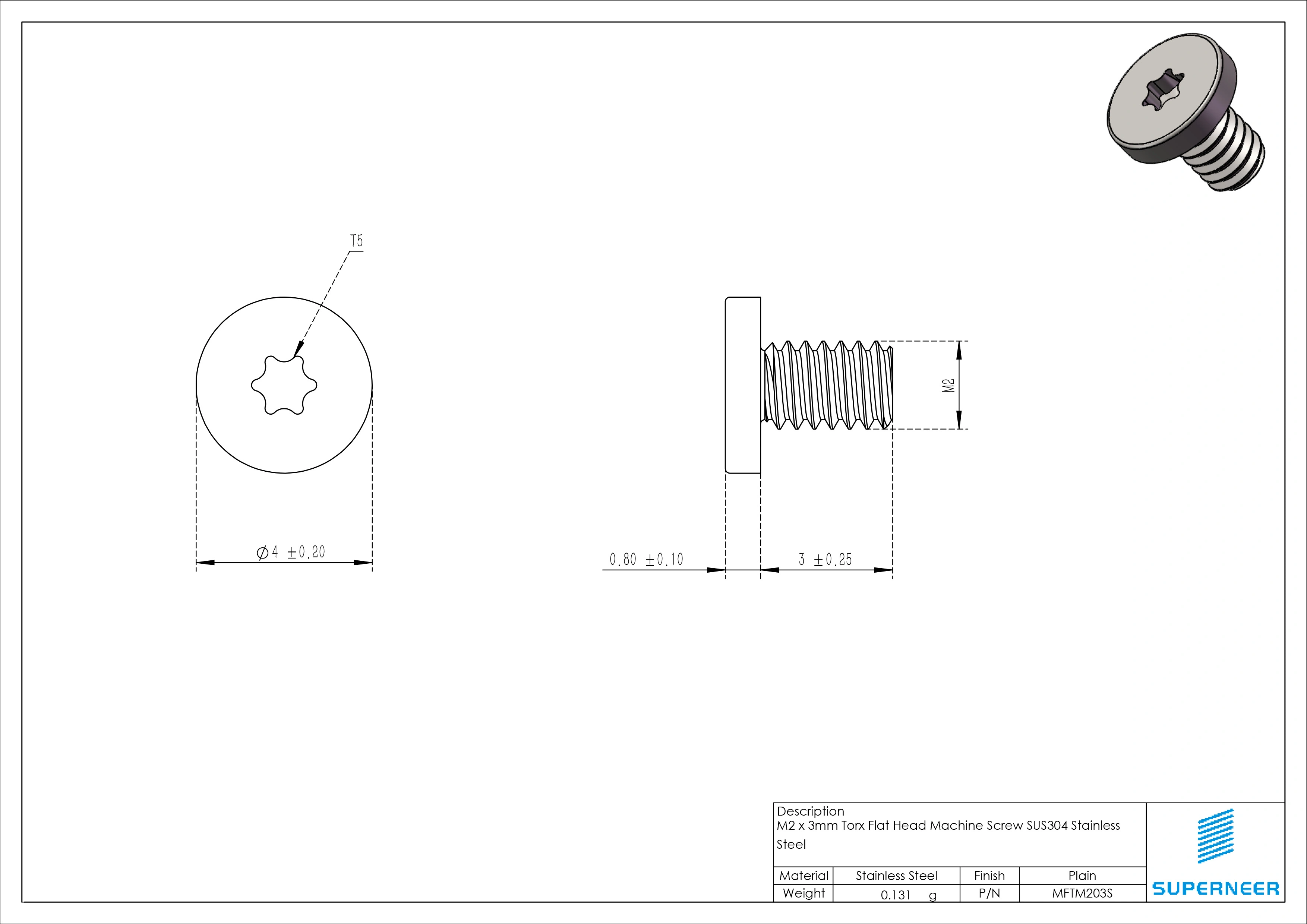 M2 x 3mm Torx Flat Head Machine Screw SUS304 Stainless Steel Inox 