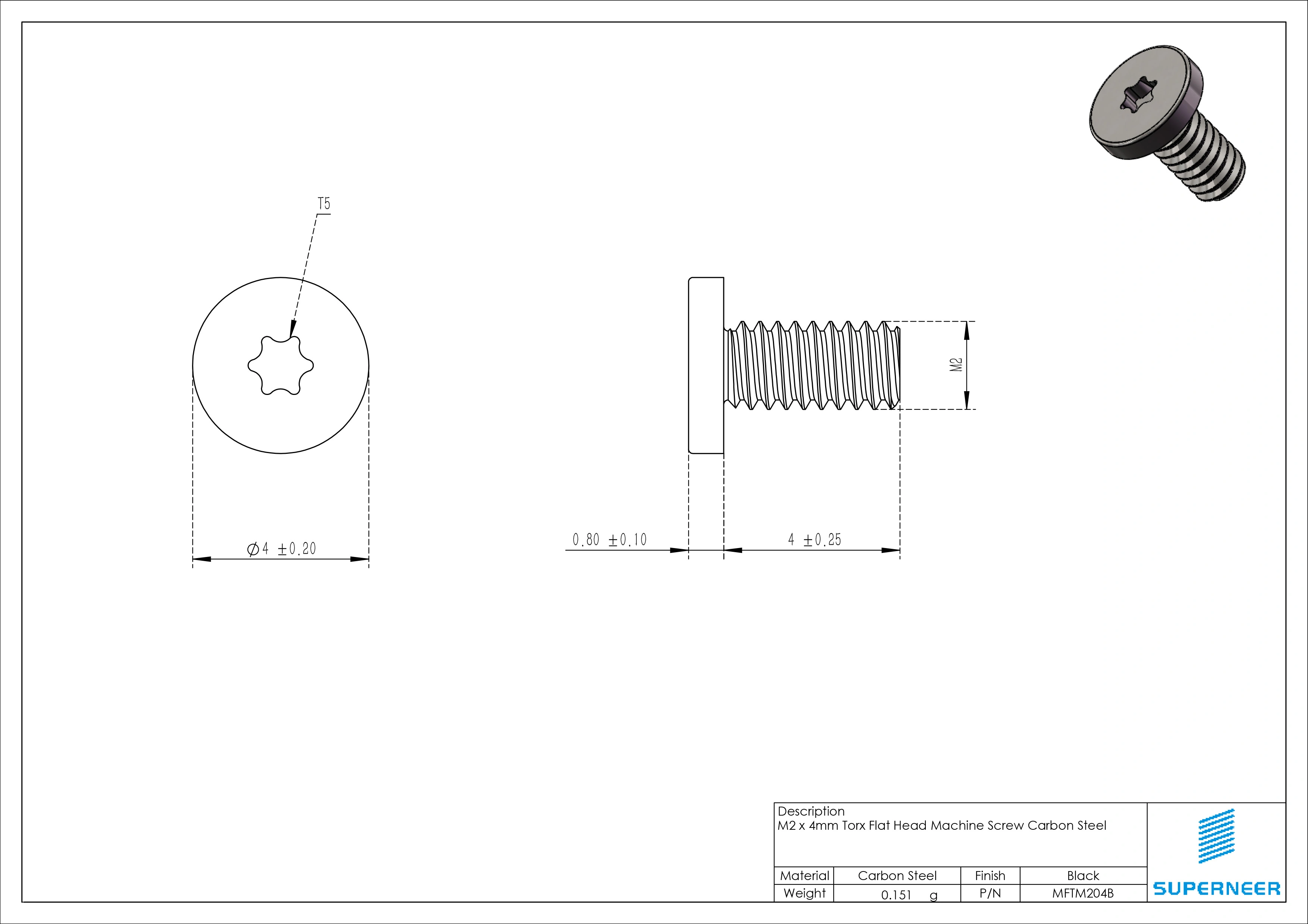 M2 x 4mm Torx Flat Head Machine Screw Carbon Steel Black