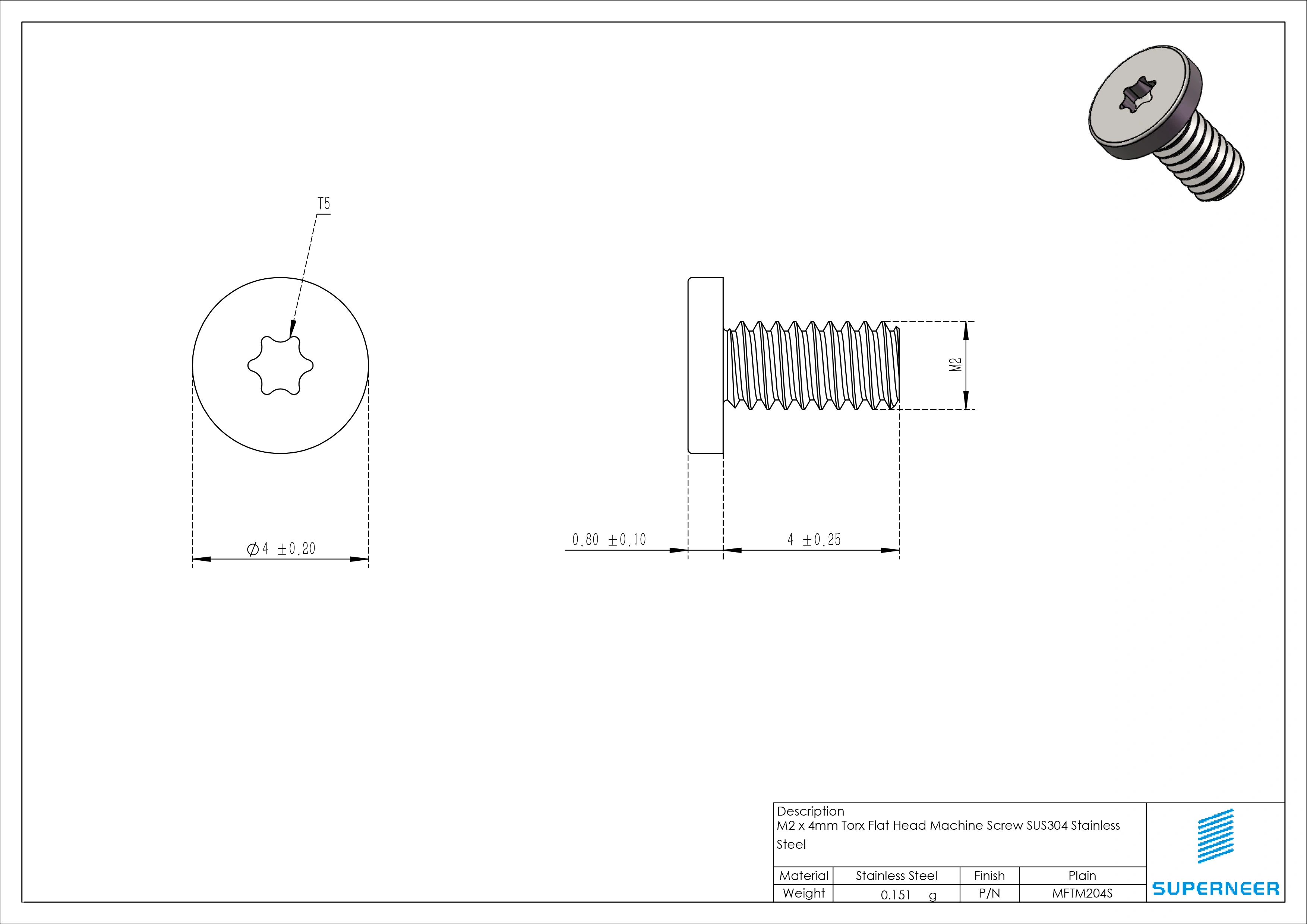 M2 x 4mm Torx Flat Head Machine Screw SUS304 Stainless Steel Inox 