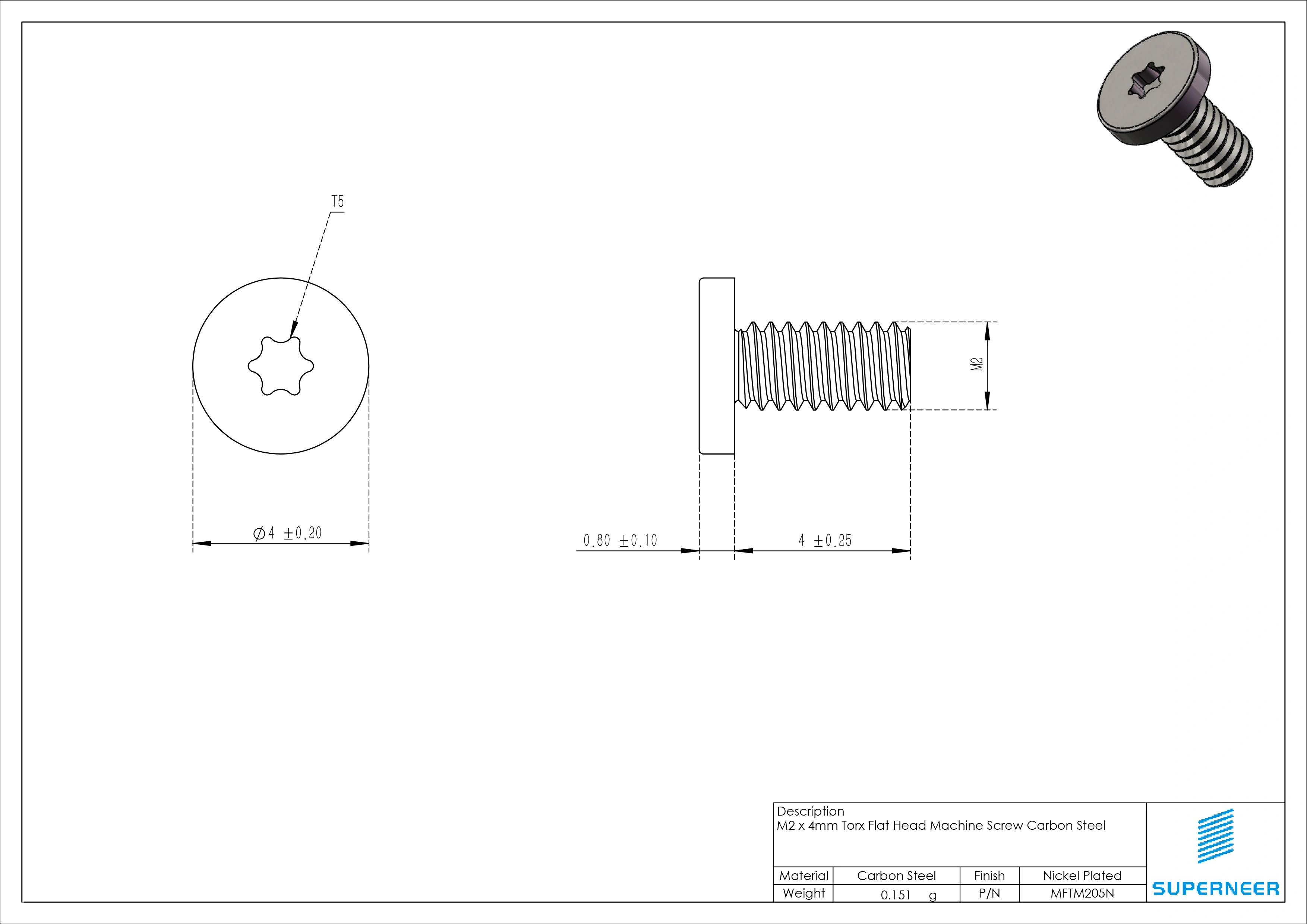 M2 x 5mm Torx Flat Head Machine Screw Carbon Steel Nickel Plated