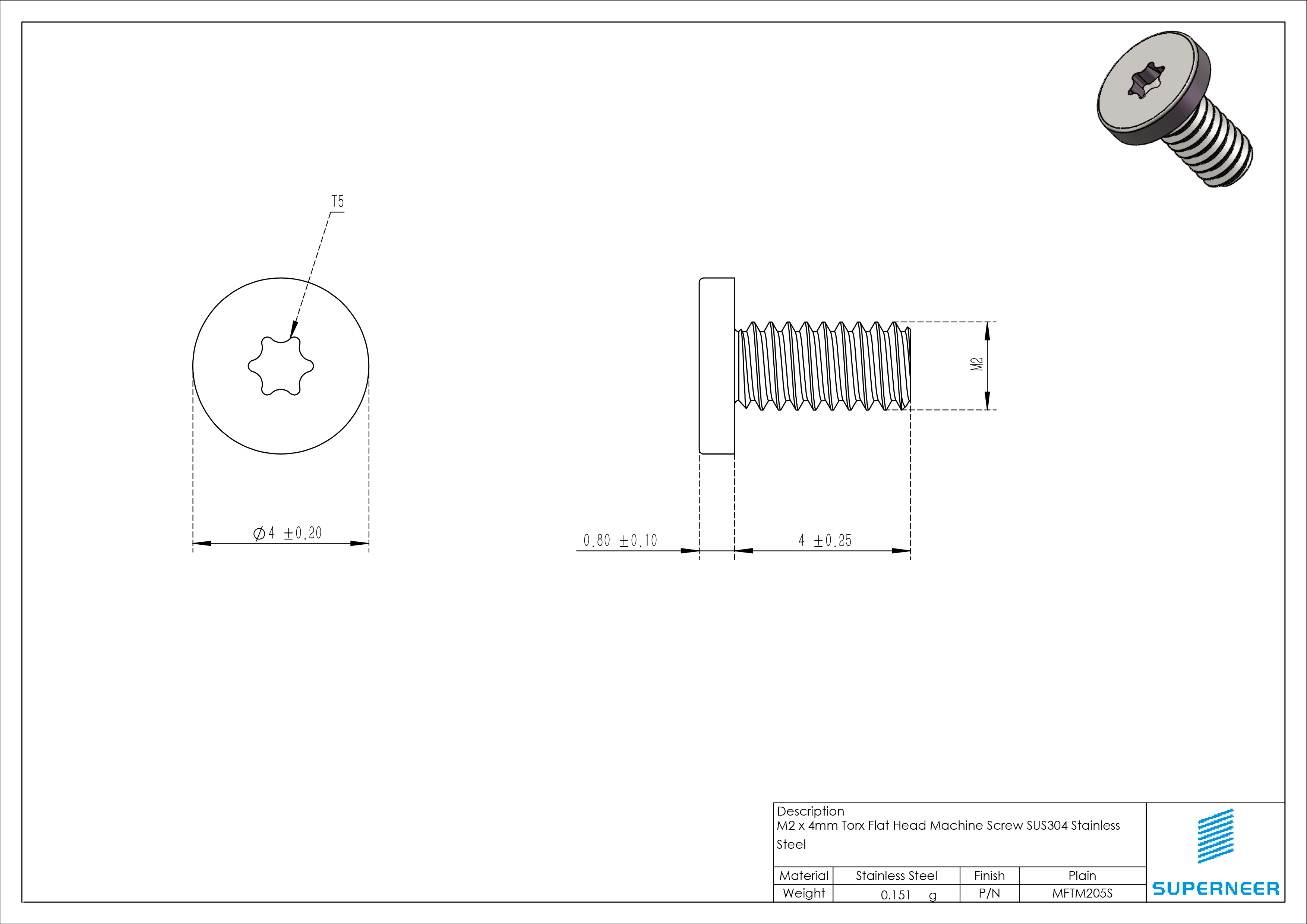 M2 x 5mm Torx Flat Head Machine Screw SUS304 Stainless Steel Inox 