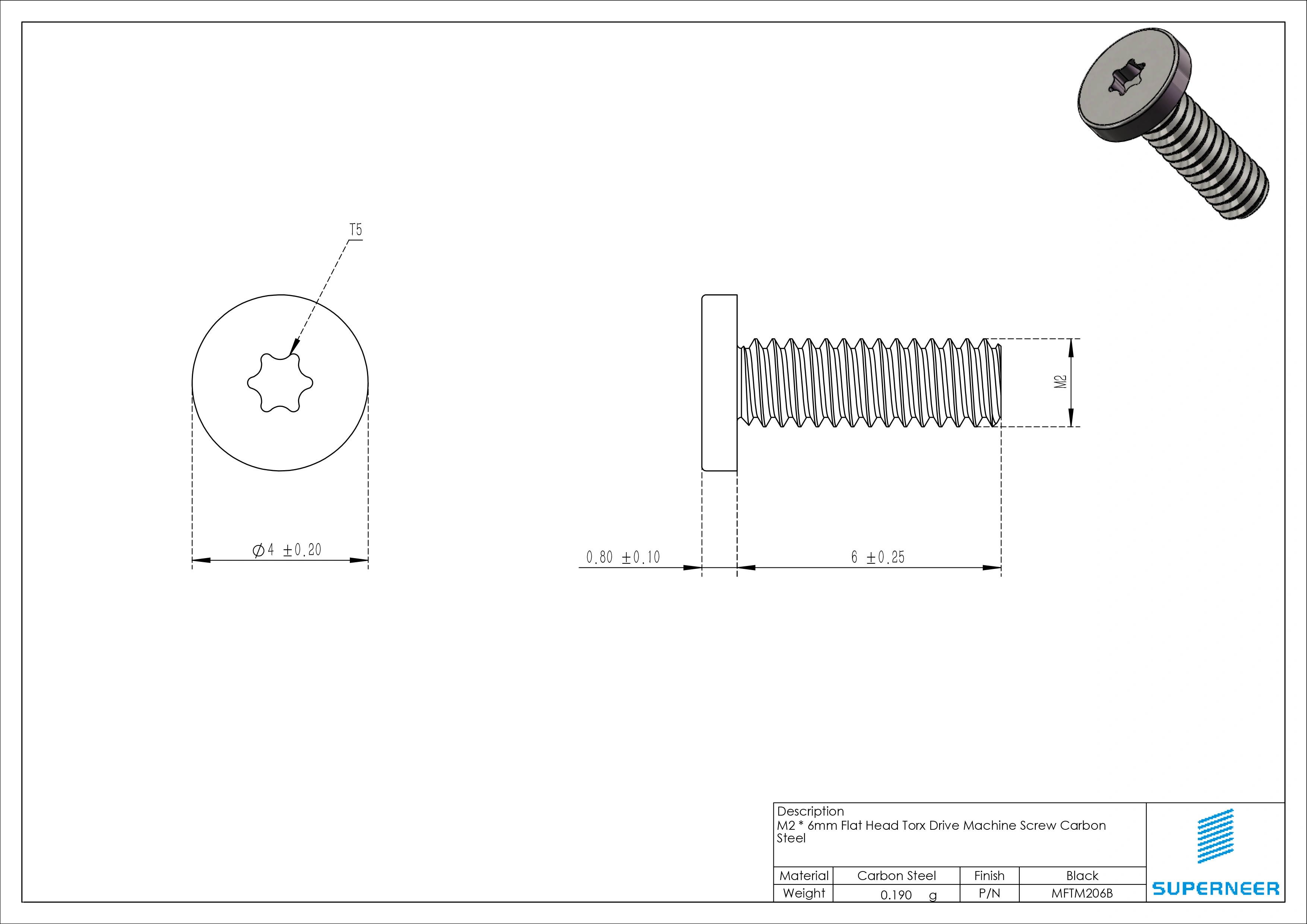 M2 x 6mm Torx Flat Head Machine Screw Carbon Steel Black