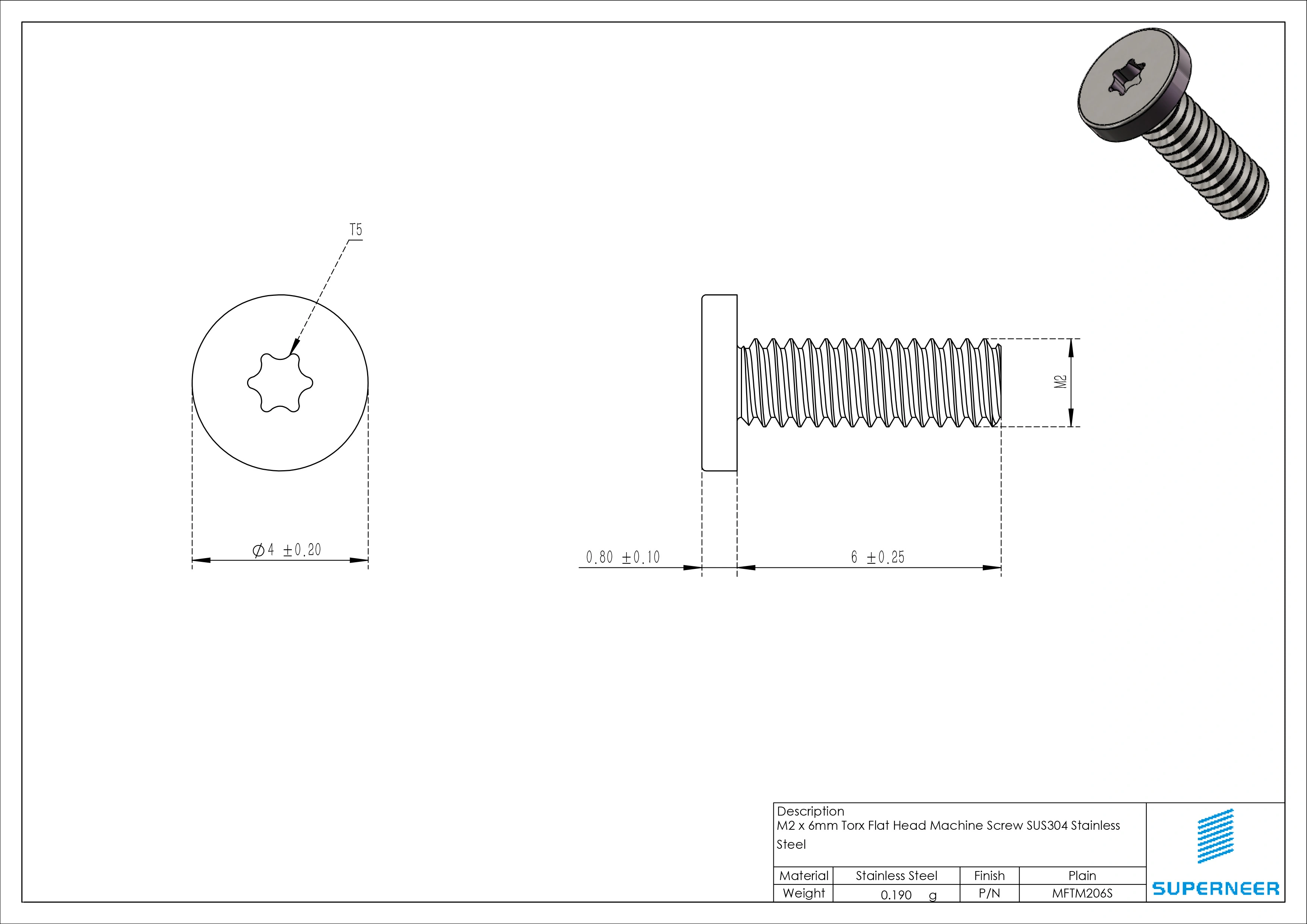 M2 x 6mm Torx Flat Head Machine Screw SUS304 Stainless Steel Inox 