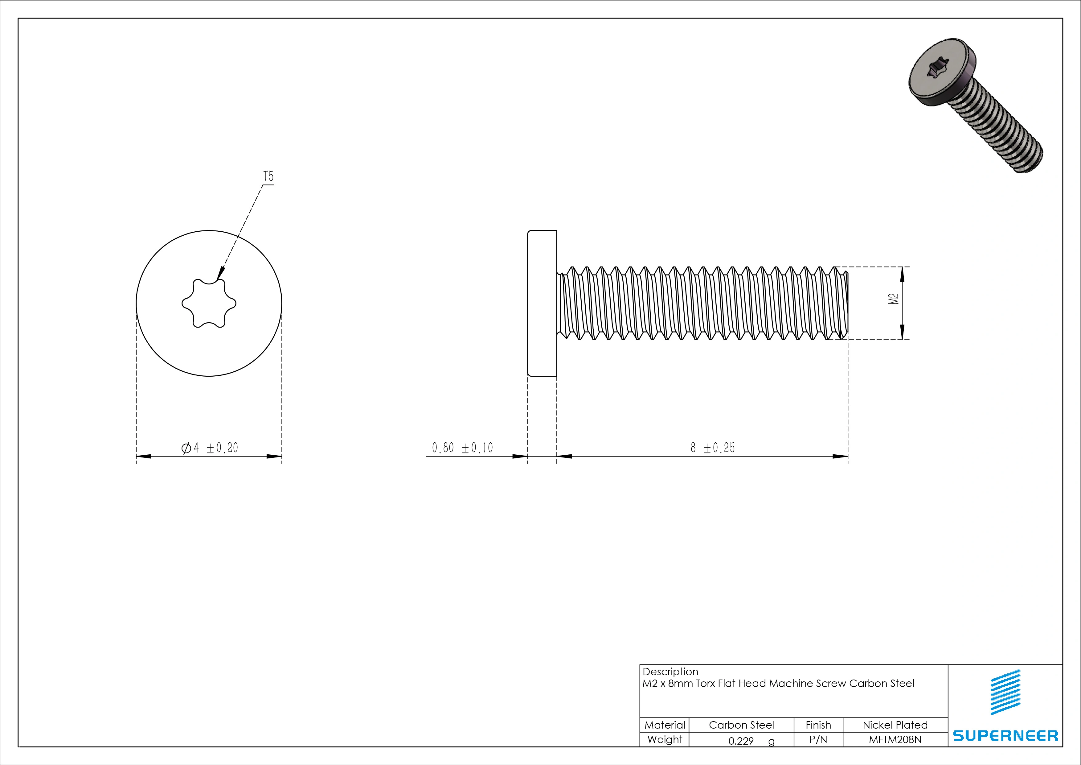 M2 x 8mm Torx Flat Head Machine Screw Carbon Steel Nickel Plated