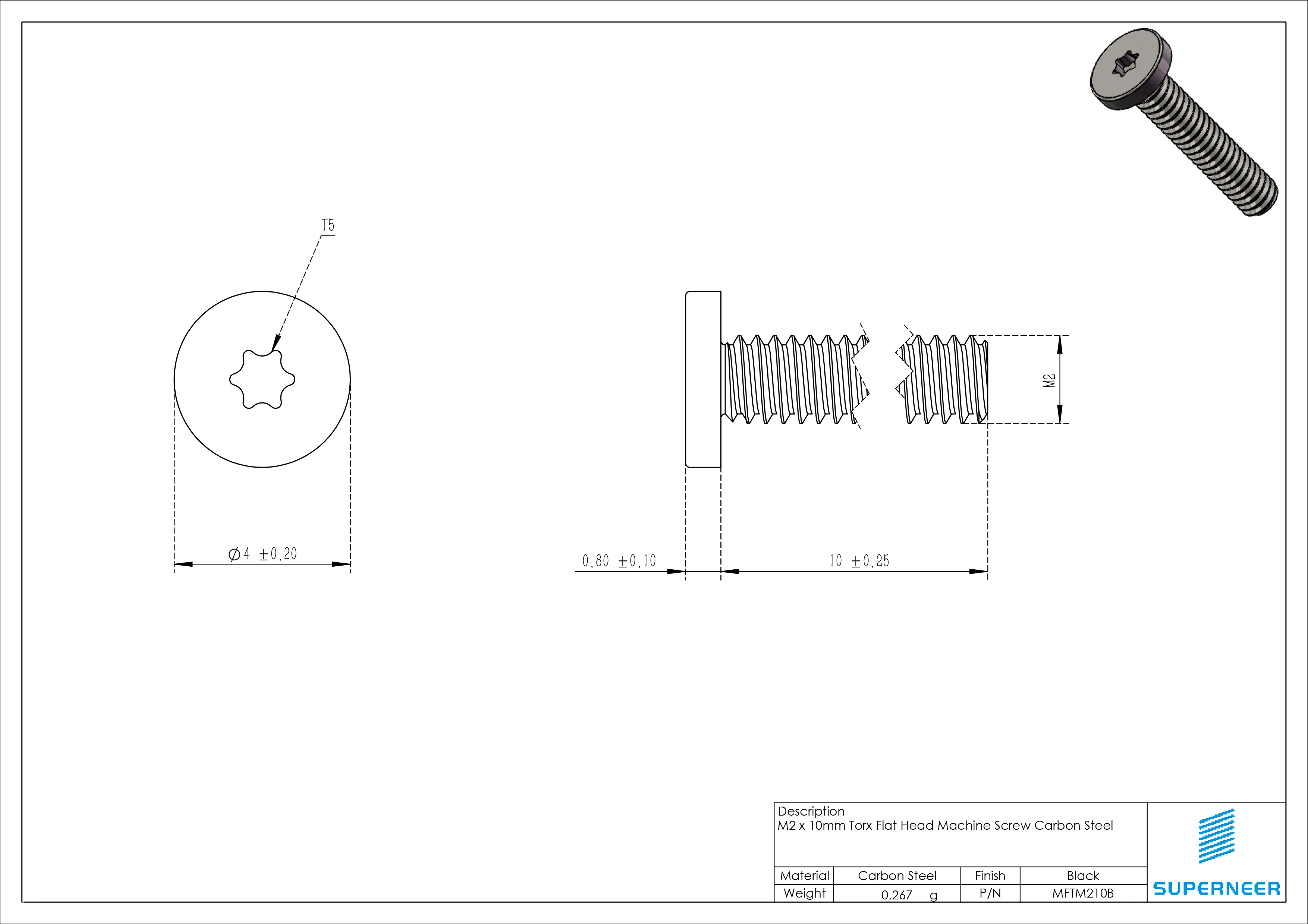 M2 x 10mm Torx Flat Head Machine Screw Carbon Steel Black