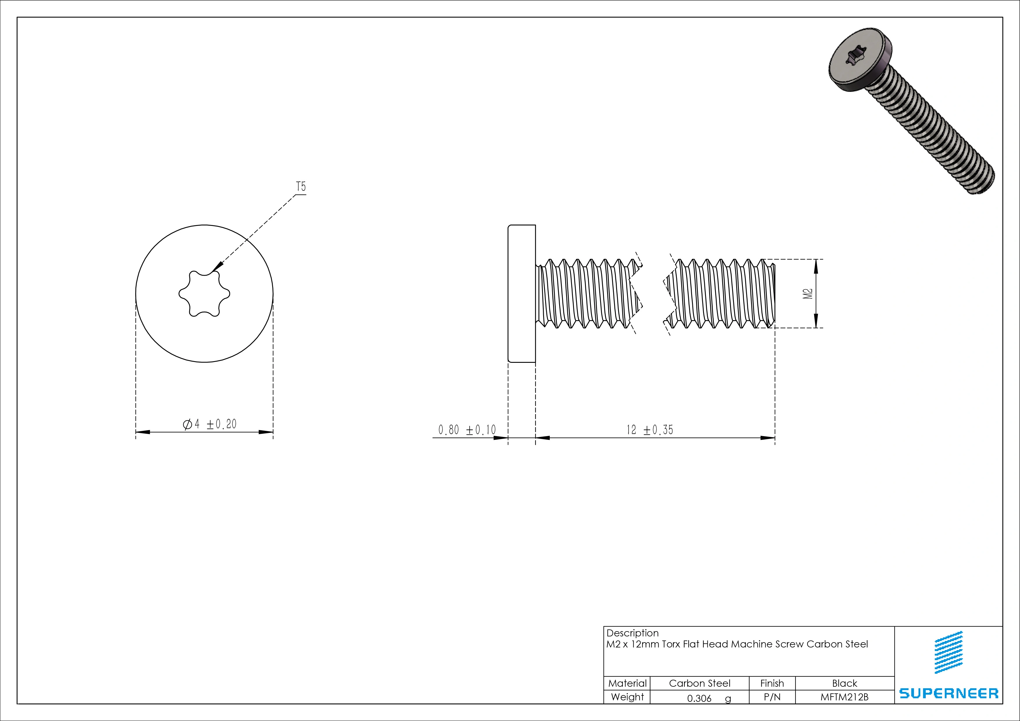 M2 x 12mm Torx Flat Head Machine Screw Carbon Steel Black