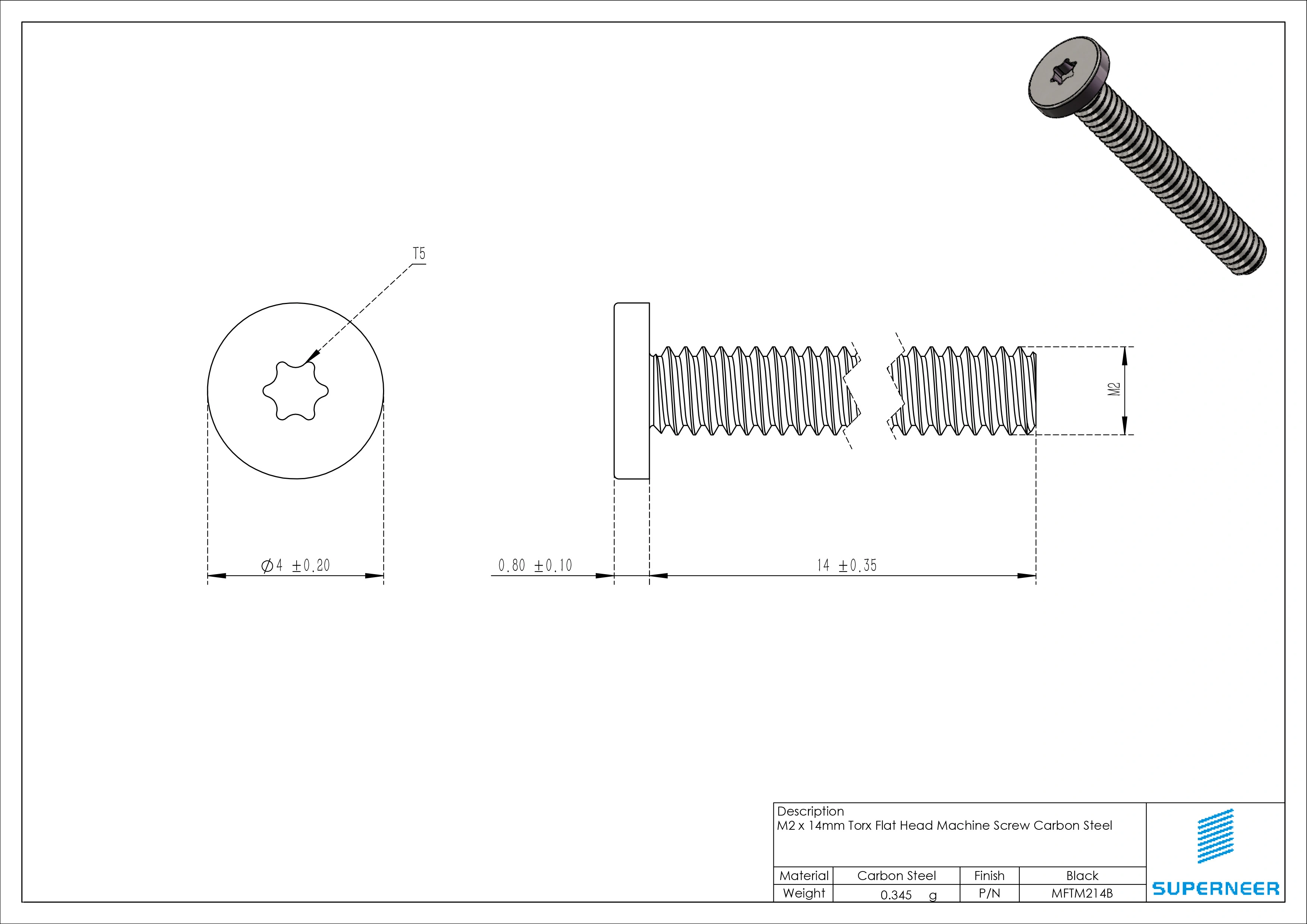 M2 x 14mm Torx Flat Head Machine Screw Carbon Steel Black