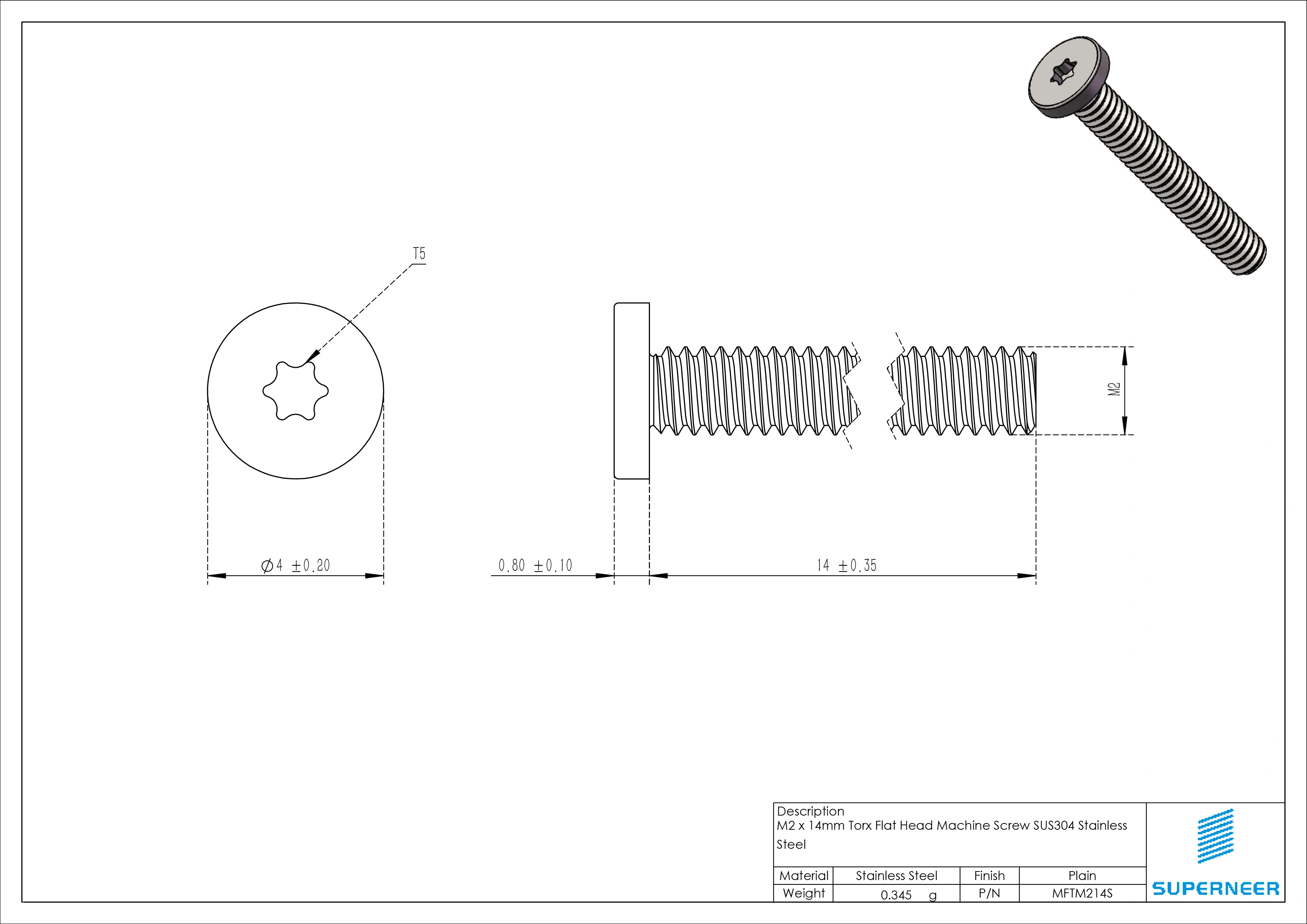 M2 x 14mm Torx Flat Head Machine Screw SUS304 Stainless Steel Inox 