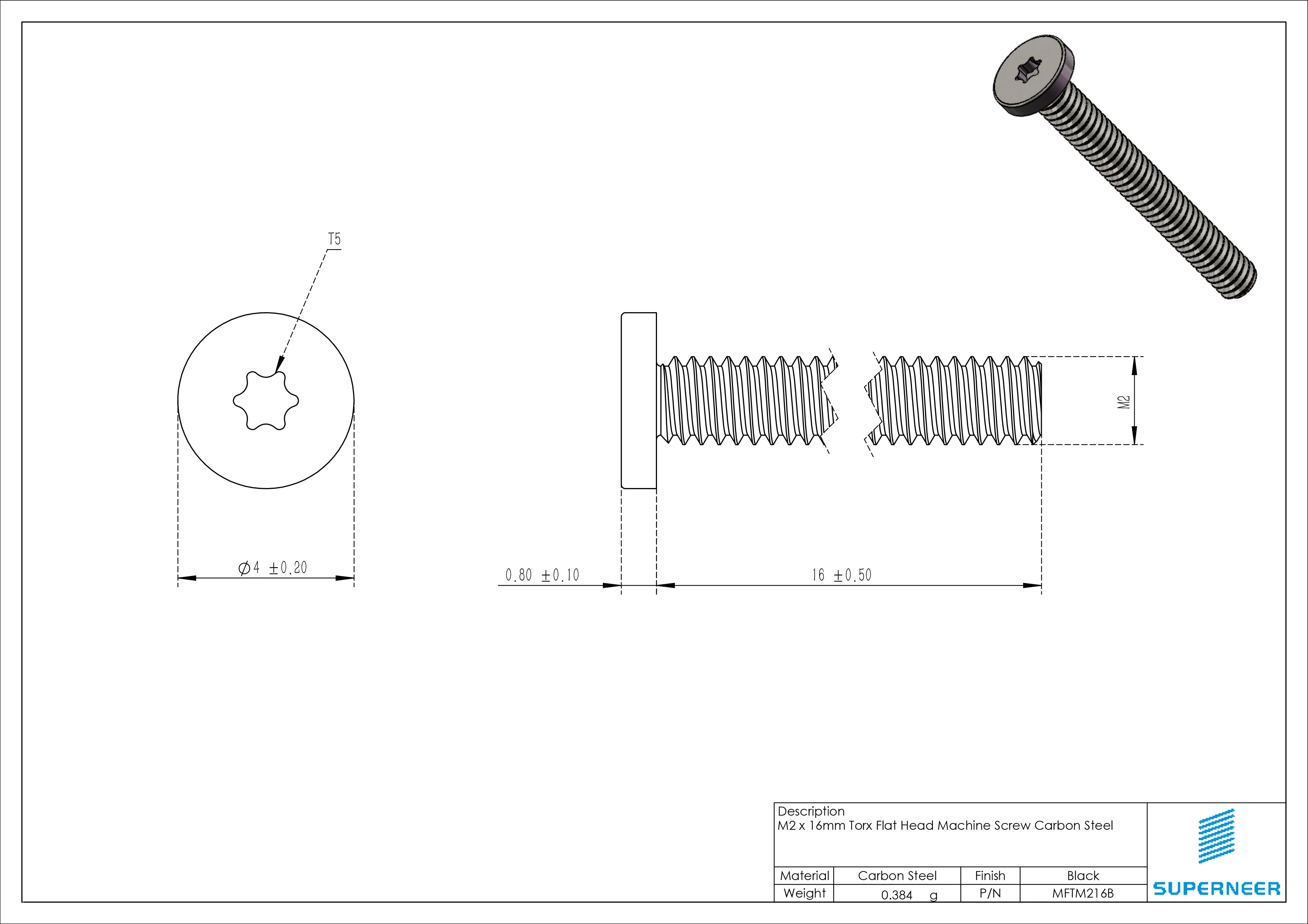 M2 x 16mm Torx Flat Head Machine Screw Carbon Steel Black