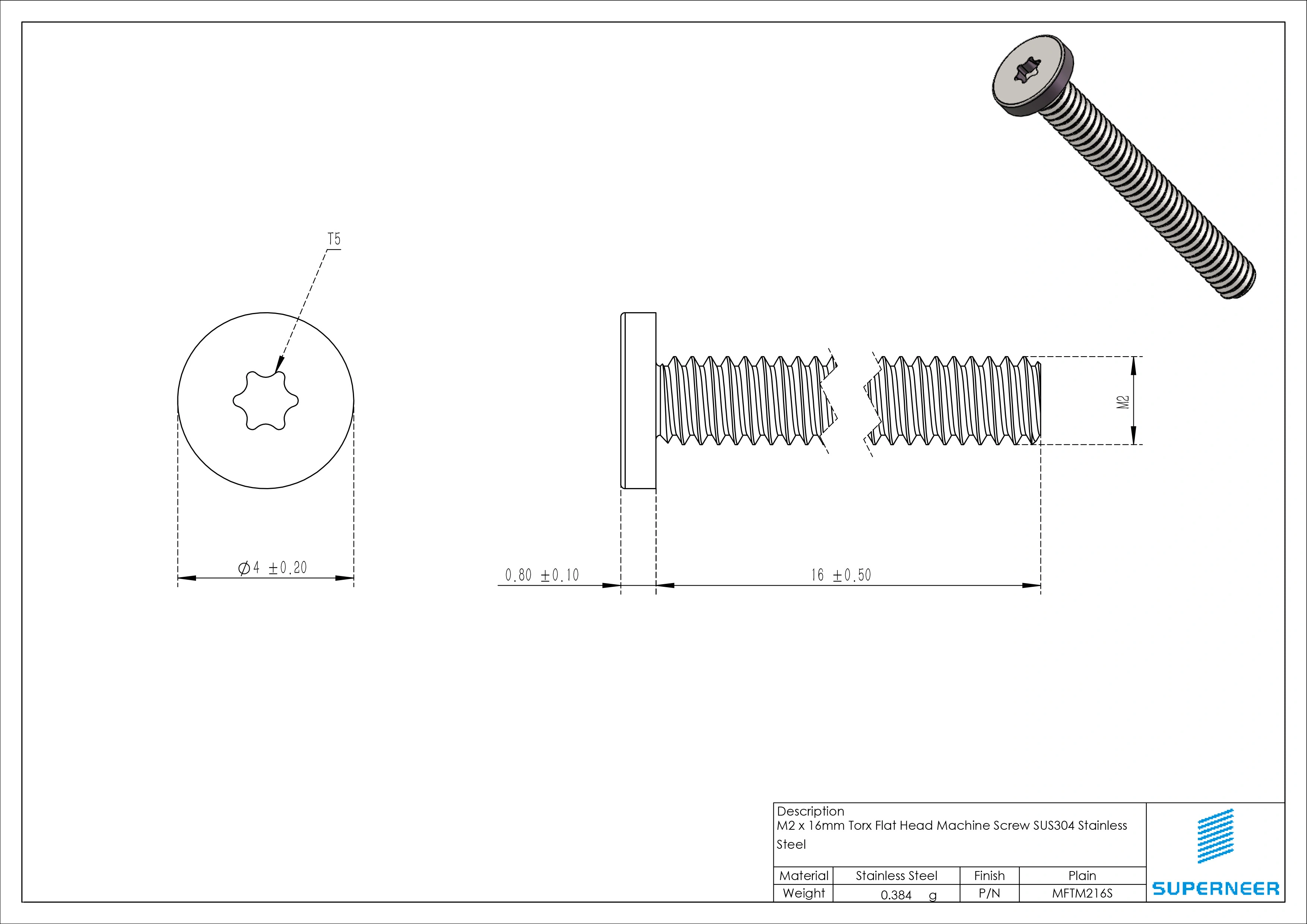 M2 x 16mm Torx Flat Head Machine Screw SUS304 Stainless Steel Inox 