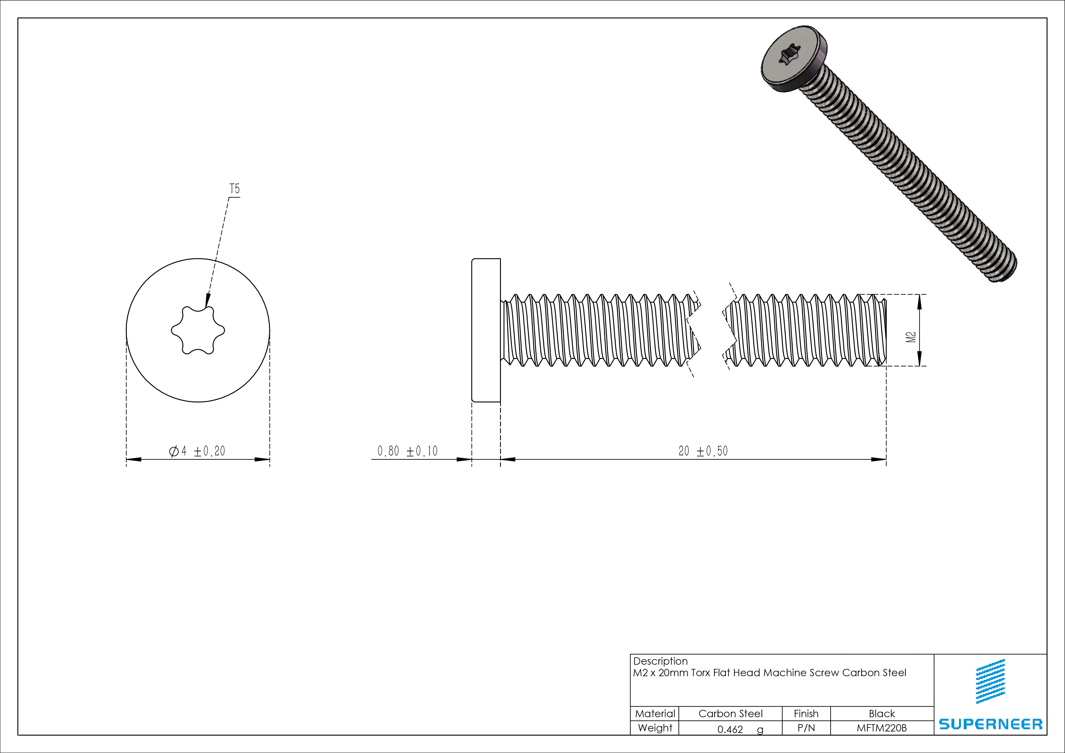 M2 x 20mm Torx Flat Head Machine Screw Carbon Steel Black