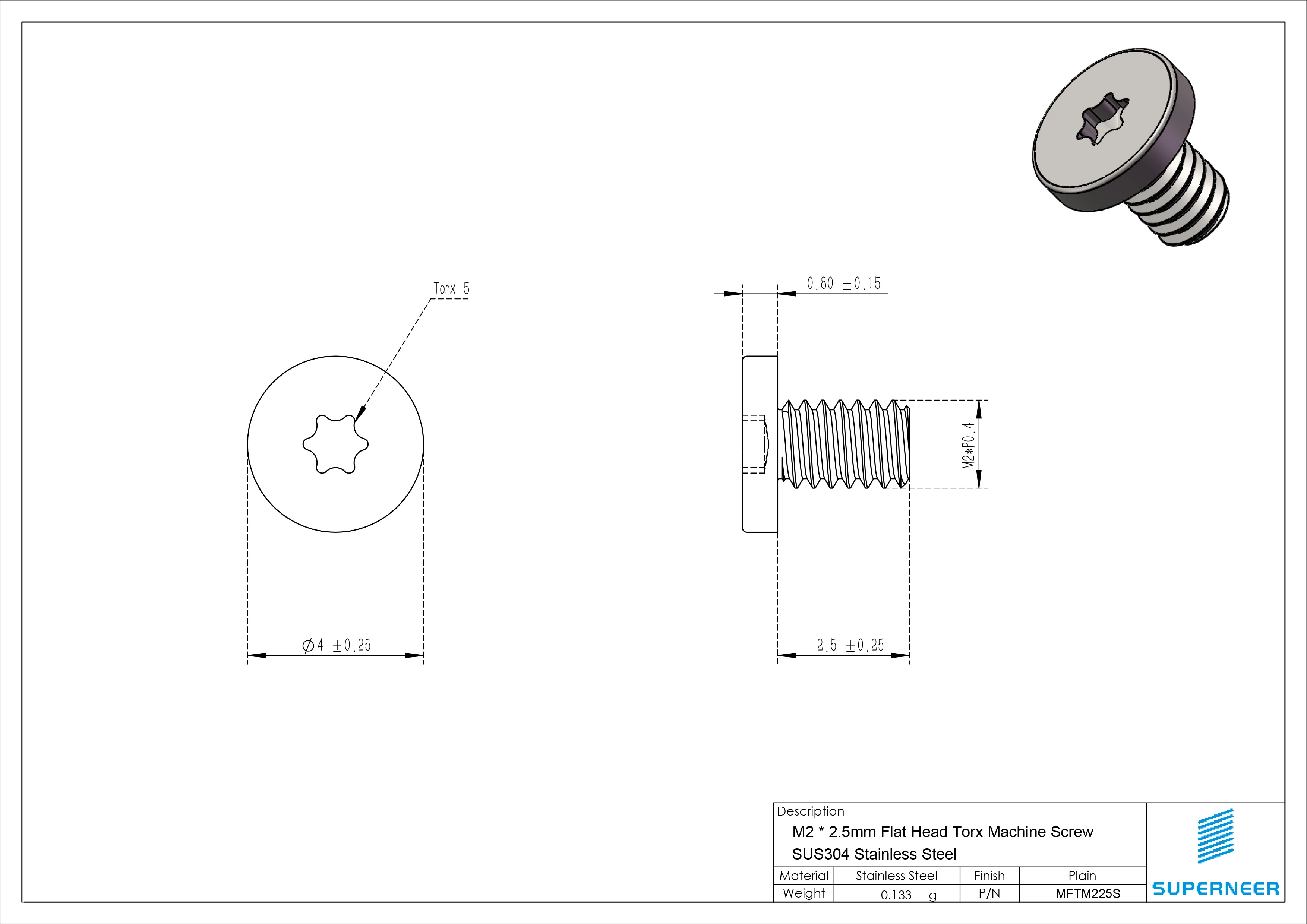 M2 x 2.5mm Flat Head Torx Machine Screw SUS304 Stainless Steel