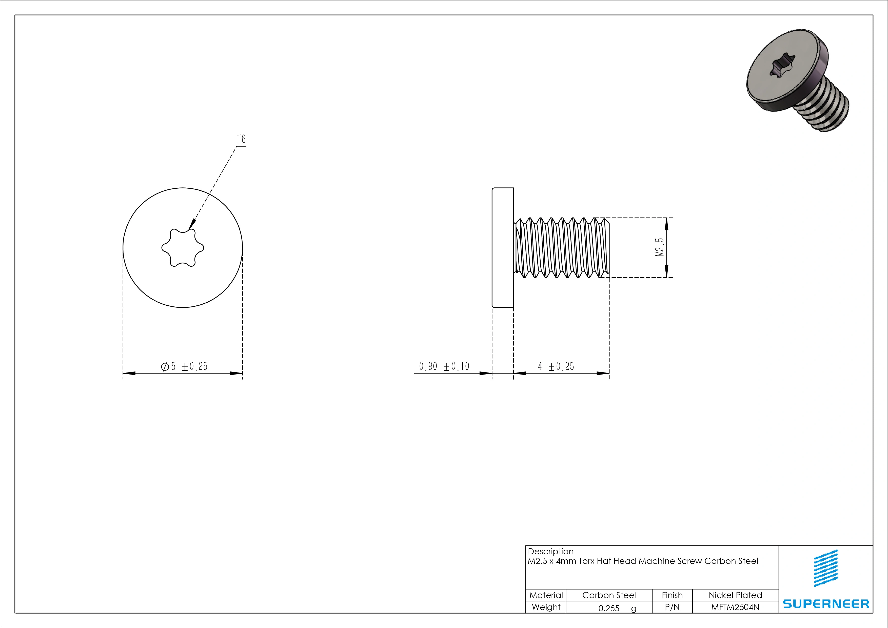 M2.5 x 4mm Torx Flat Head Machine Screw Carbon Steel Nickel Plated