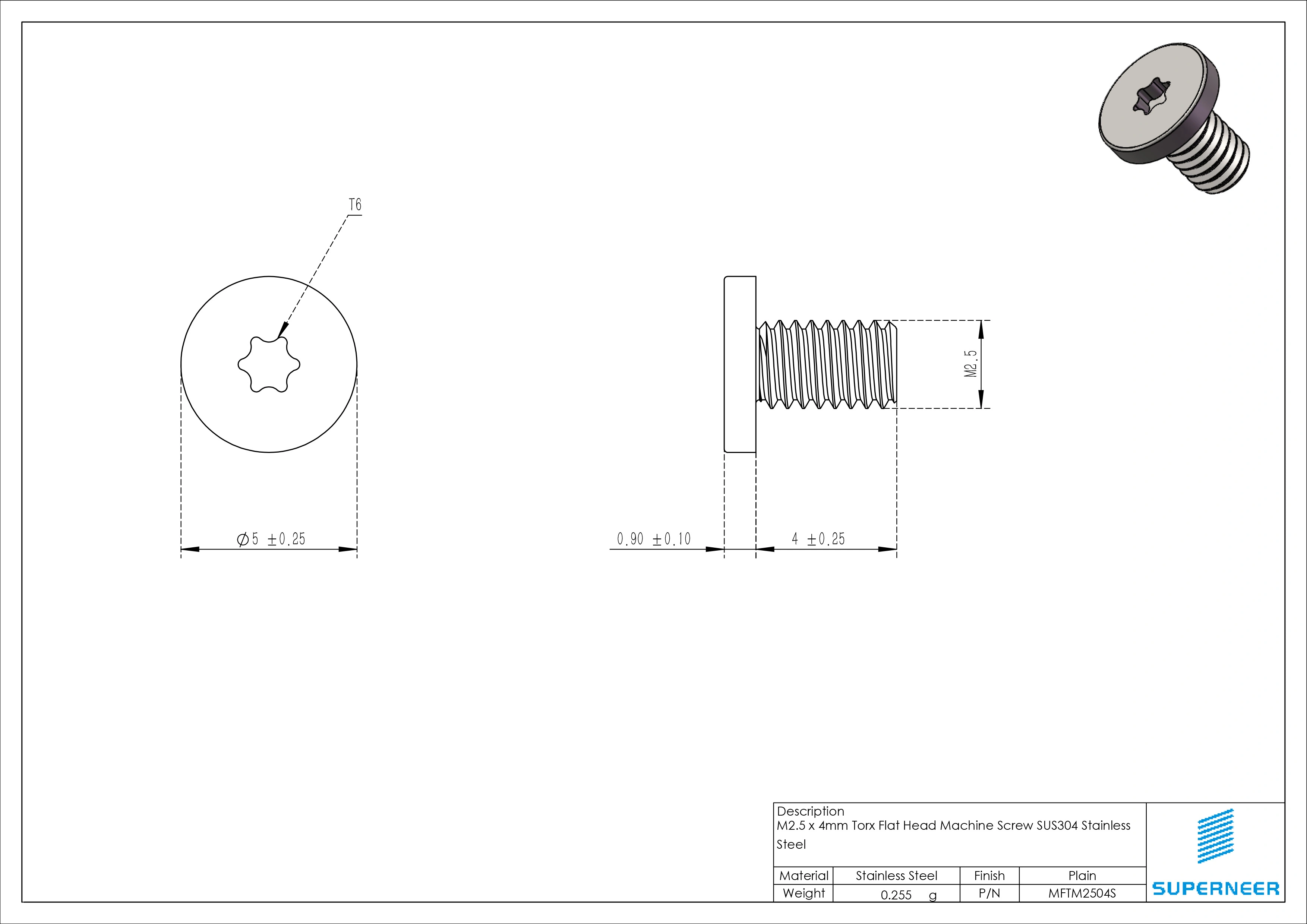 M2.5 x 4mm Torx Flat Head Machine Screw SUS304 Stainless Steel Inox 