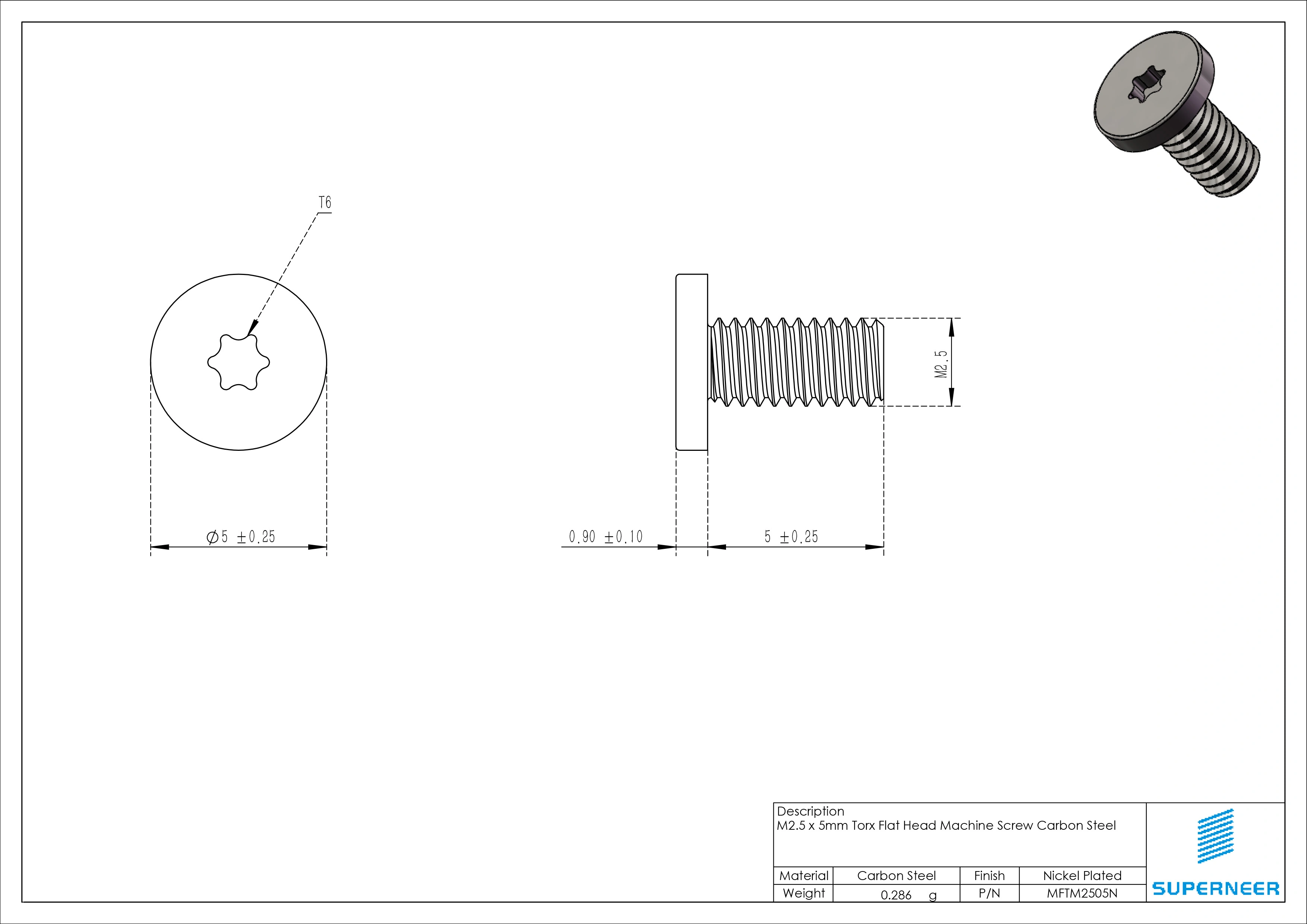 M2.5 x 5mm Torx Flat Head Machine Screw Carbon Steel Nickel Plated
