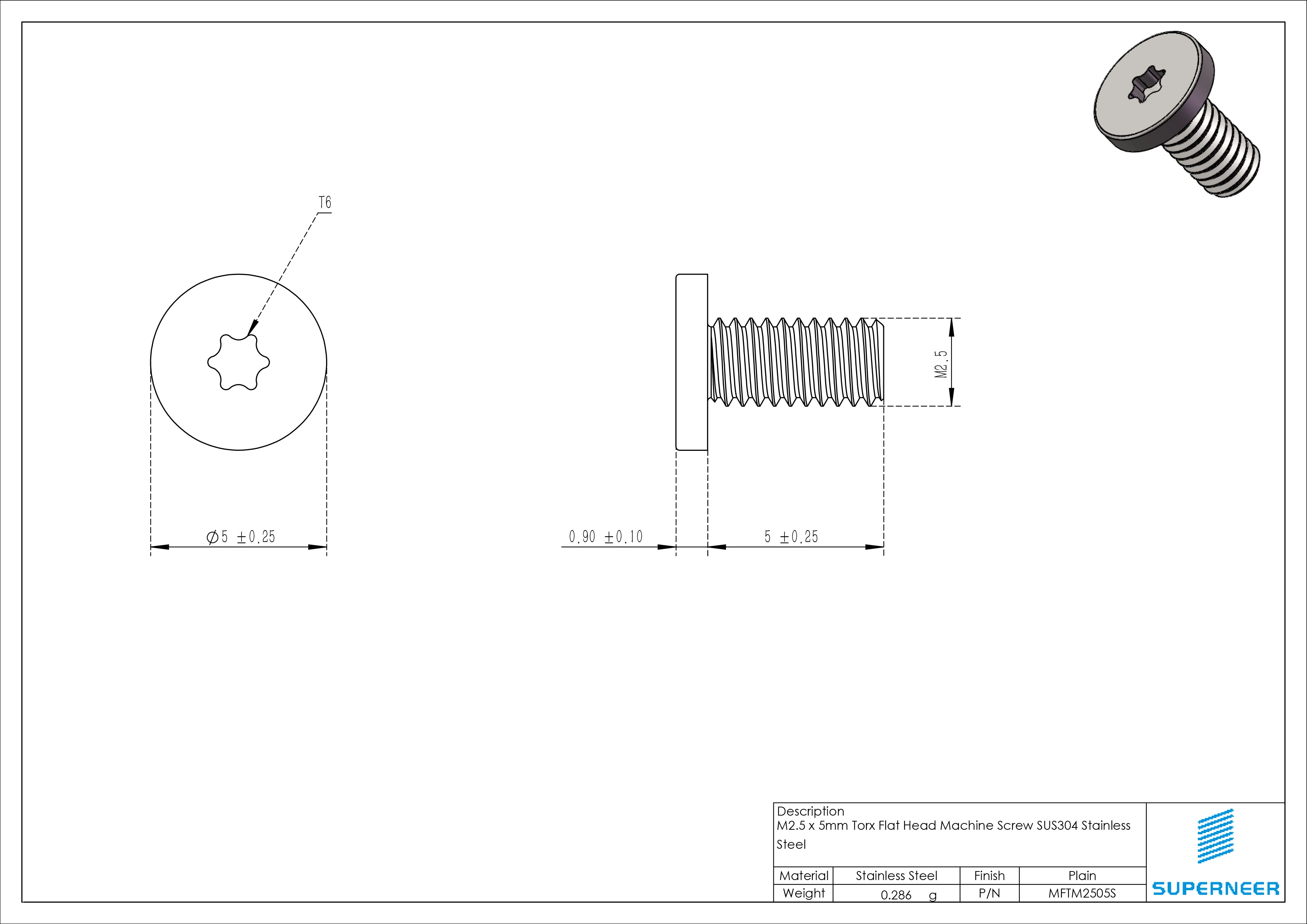 M2.5 x 5mm Torx Flat Head Machine Screw SUS304 Stainless Steel Inox 