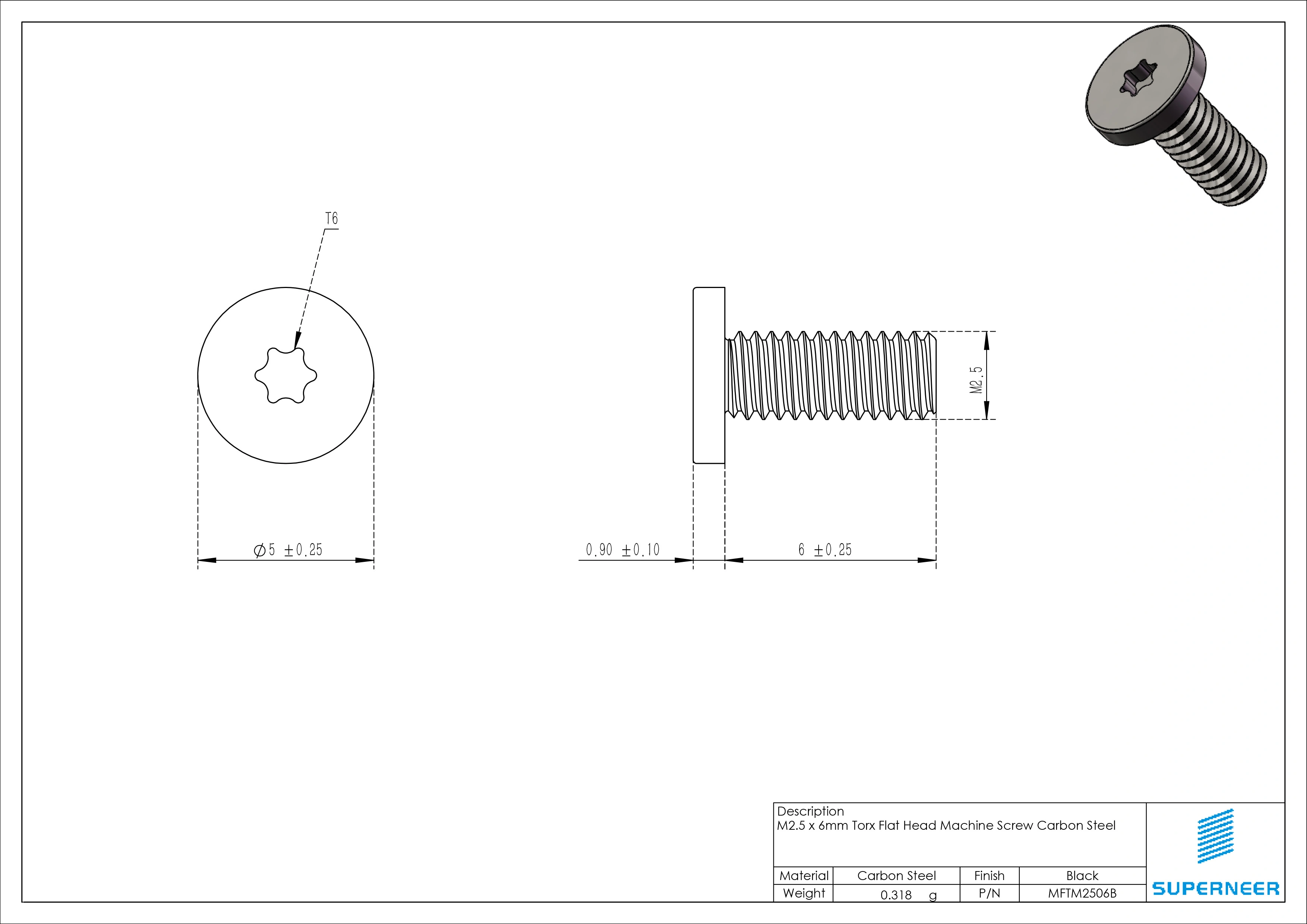 M2.5 x 6mm Torx Flat Head Machine Screw Carbon Steel Black