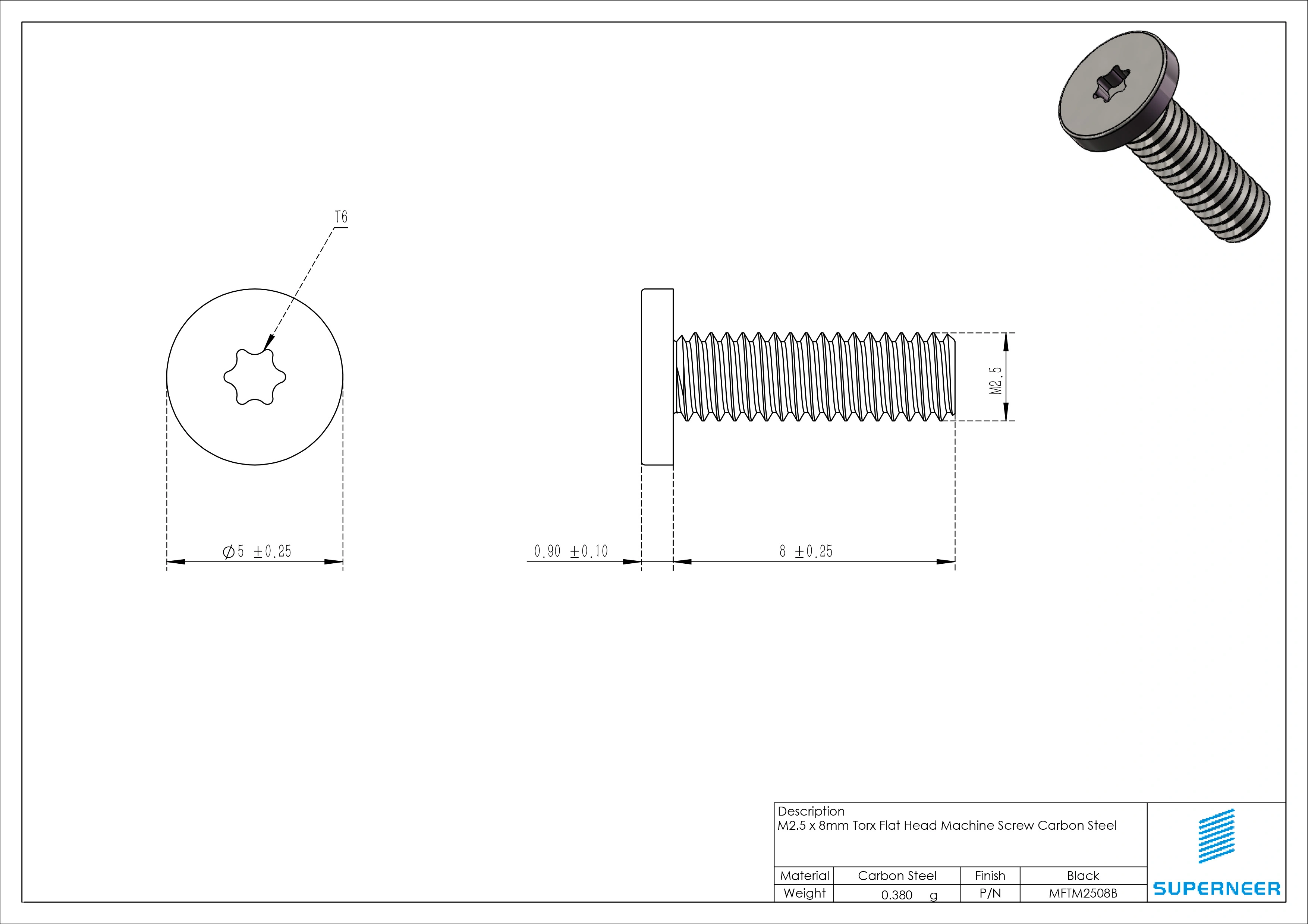 M2.5 x 8mm Torx Flat Head Machine Screw Carbon Steel Black