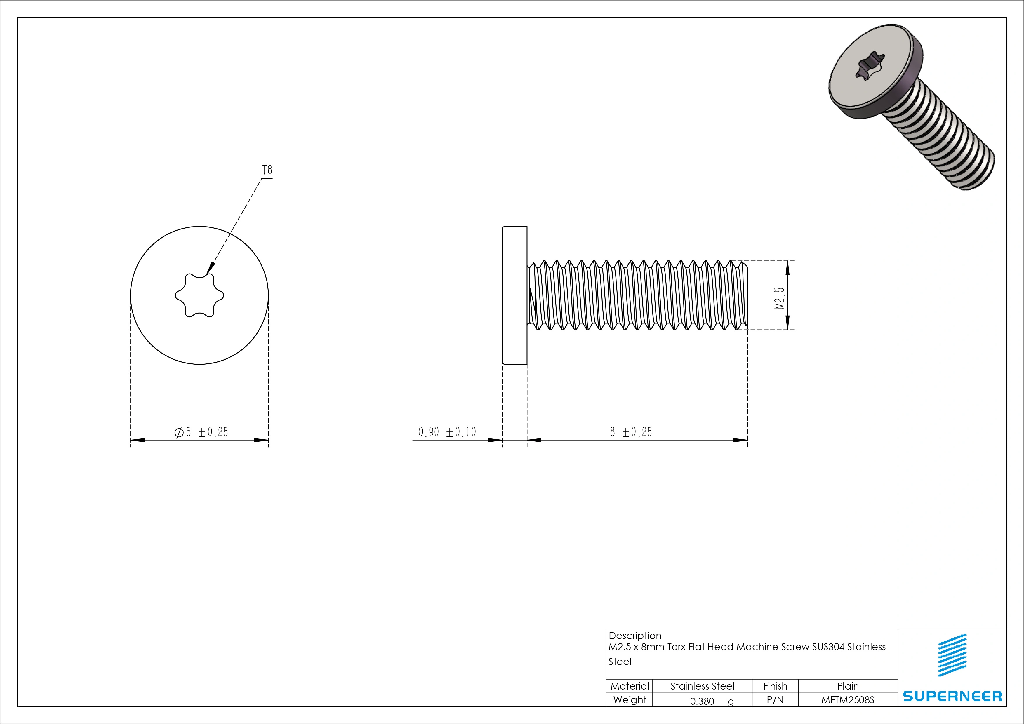 M2.5 x 8mm Torx Flat Head Machine Screw SUS304 Stainless Steel Inox 