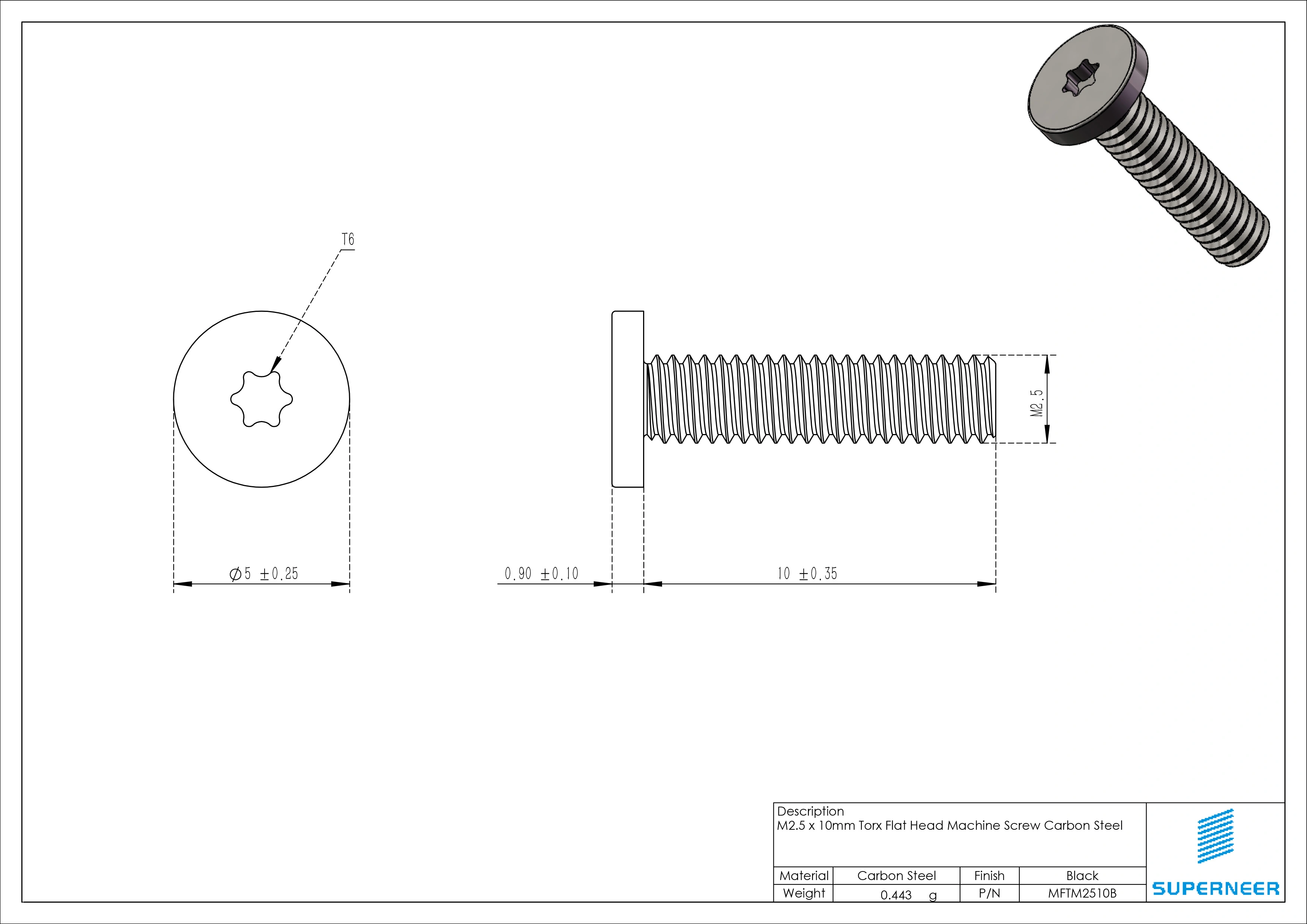 M2.5 x 10mm Torx Flat Head Machine Screw Carbon Steel Black