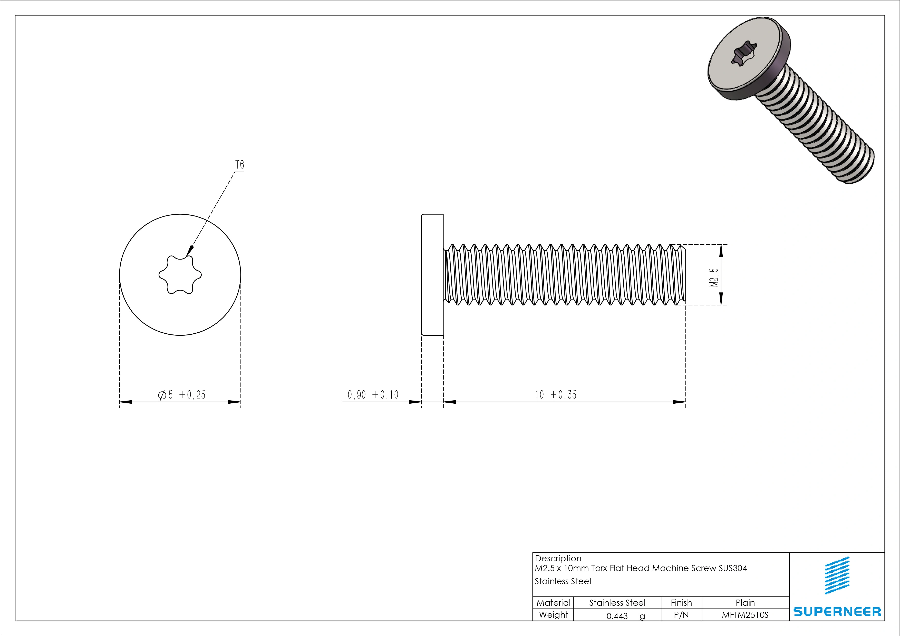 M2.5 x 10mm Torx Flat Head Machine Screw SUS304 Stainless Steel Inox 