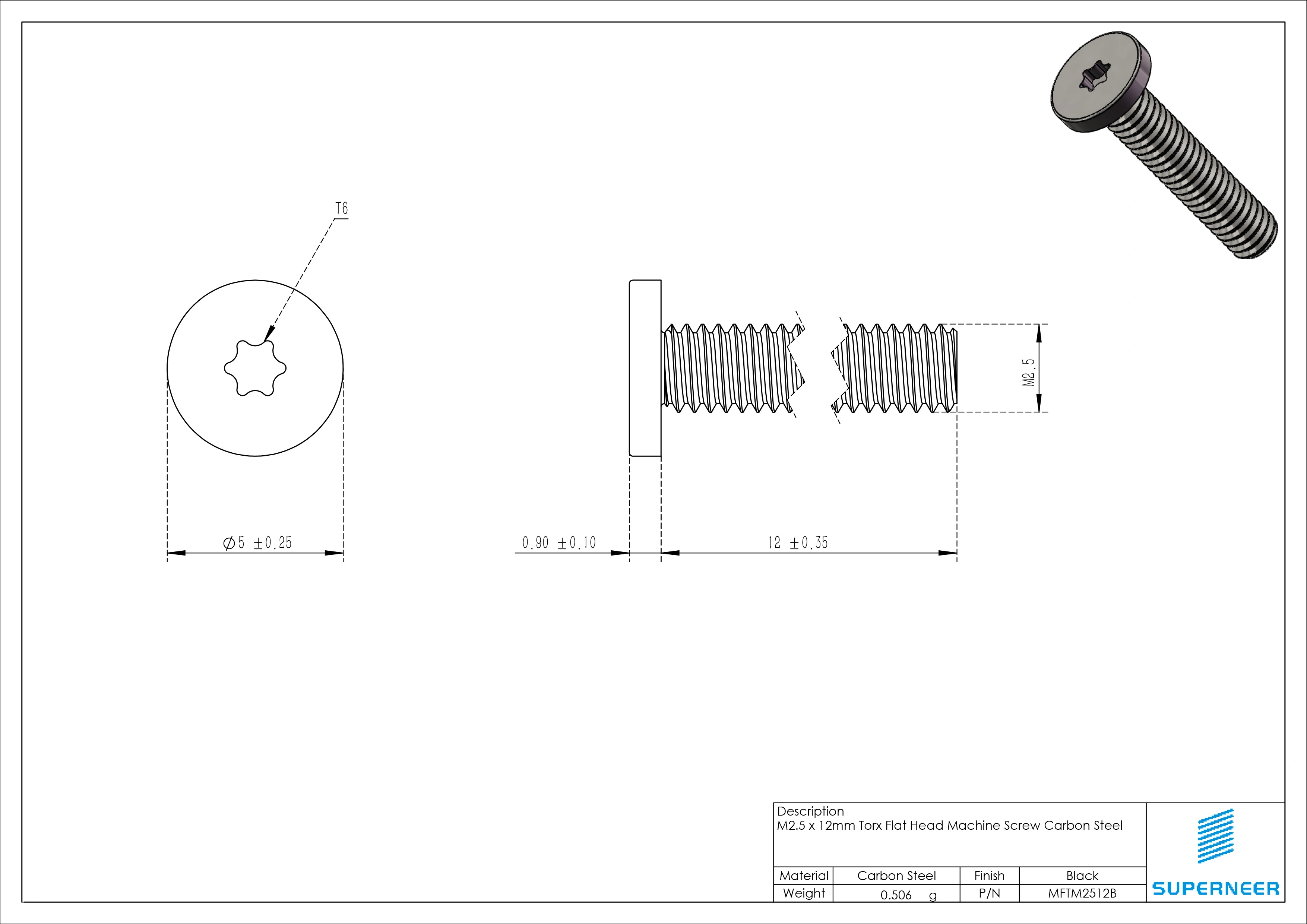 M2.5 x 12mm Torx Flat Head Machine Screw Carbon Steel Black